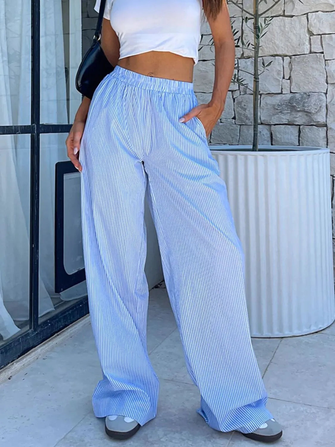 Pocketed Striped Wide Leg Pants - Roe Creation