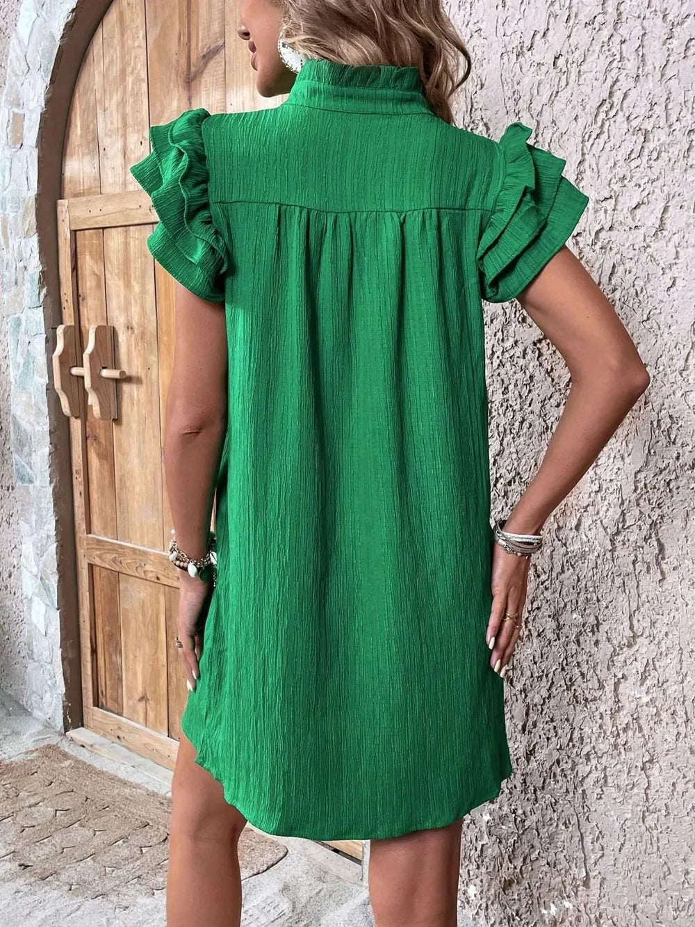 Ruffled Notched Cap Sleeve Mini Dress - Roe Creation
