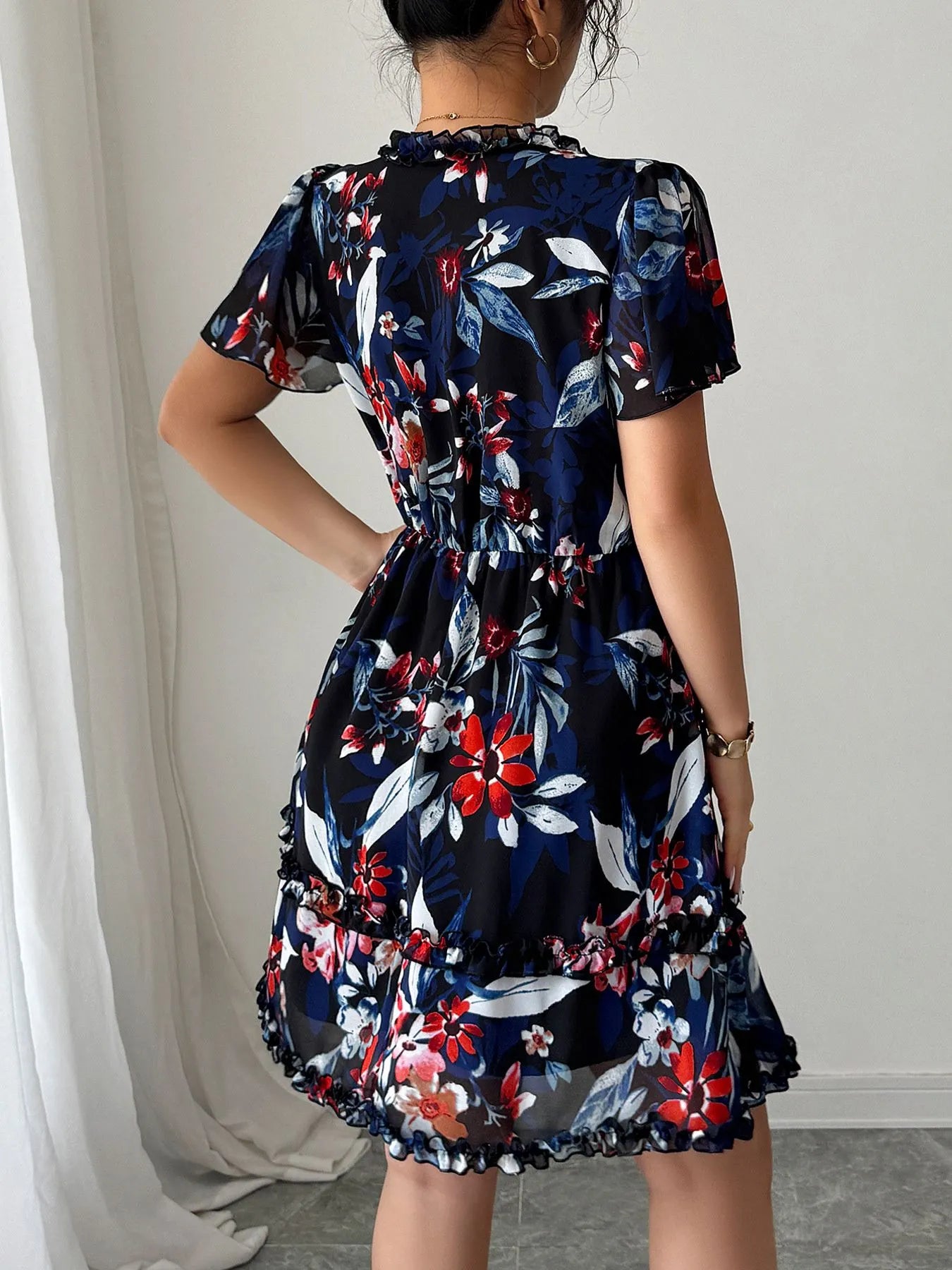 Floral Wrap Dress with Flutter Sleeves - Roe Creation