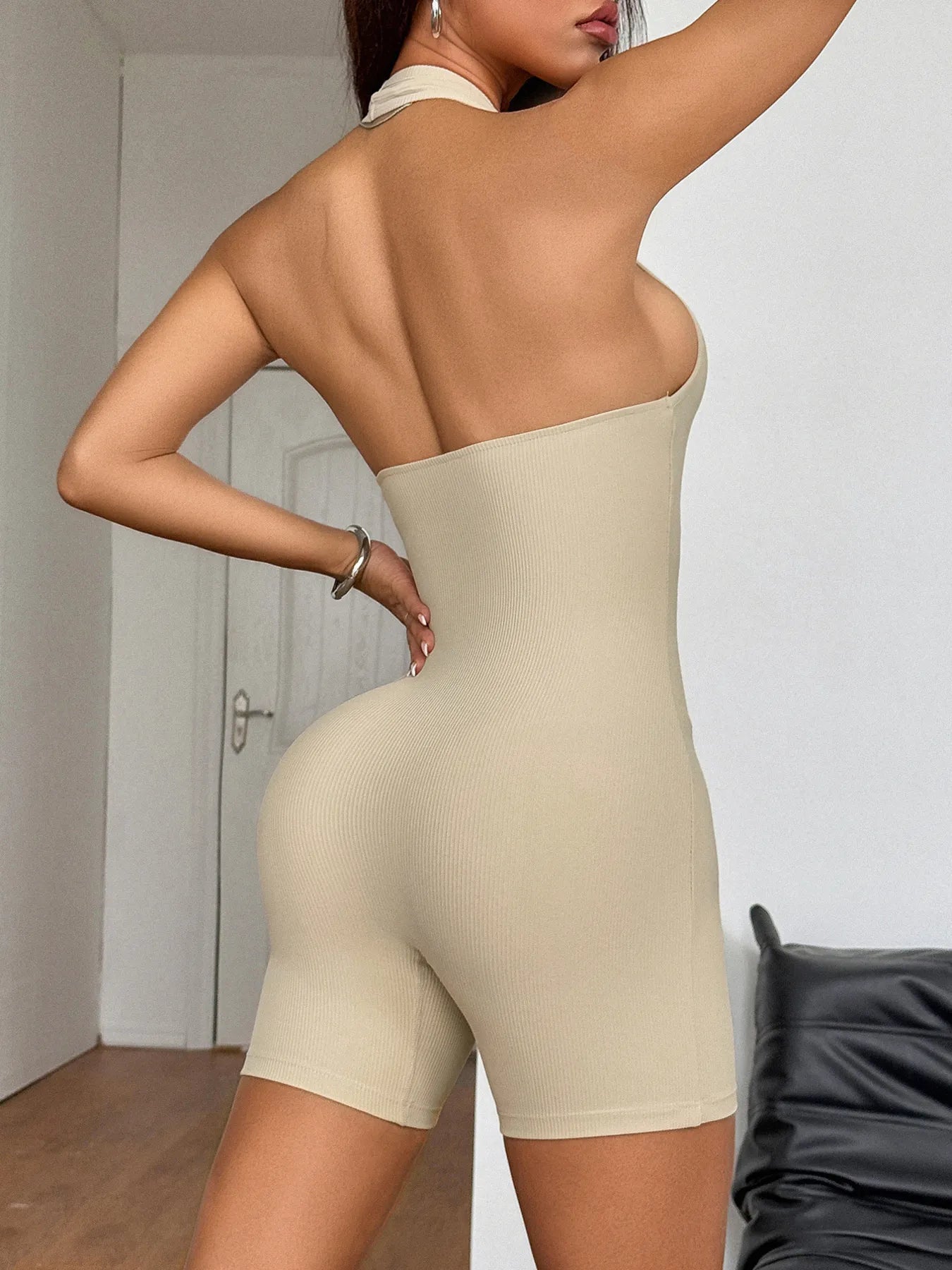 Halter Neck Ribbed Athletic Romper - Roe Creation