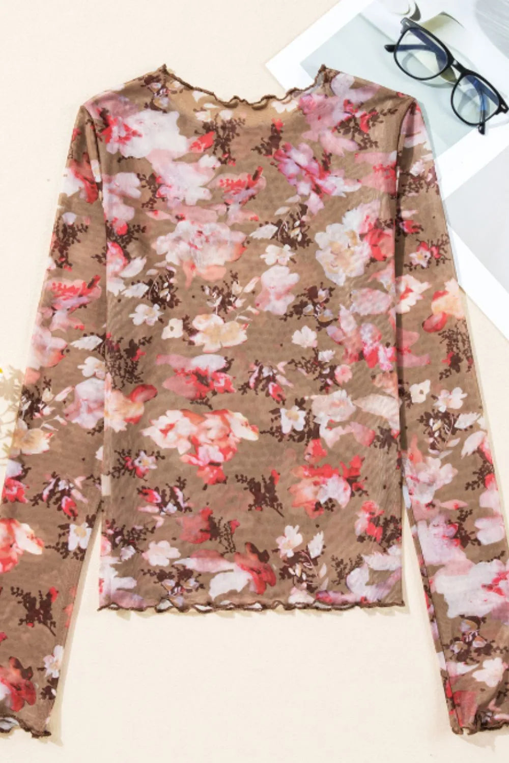 Floral Mock Neck Long Sleeve Sheer Top - Roe Creation