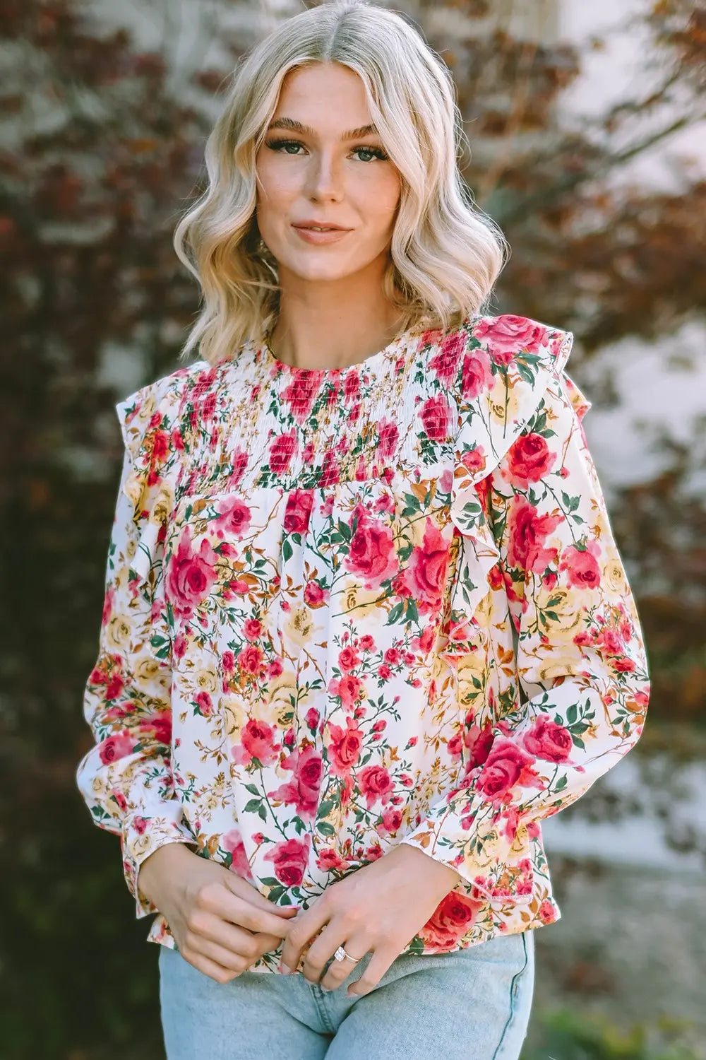 Floral Round Neck Smocked Blouse - Roe Creation