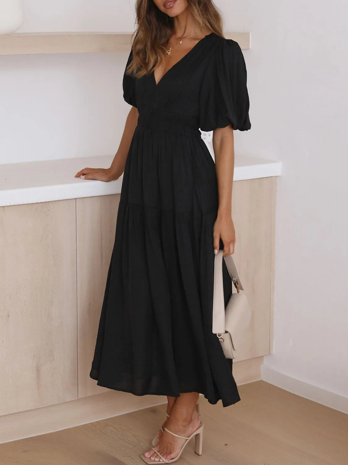 V-Neck Puff Sleeve Midi Dress - Roe Creation