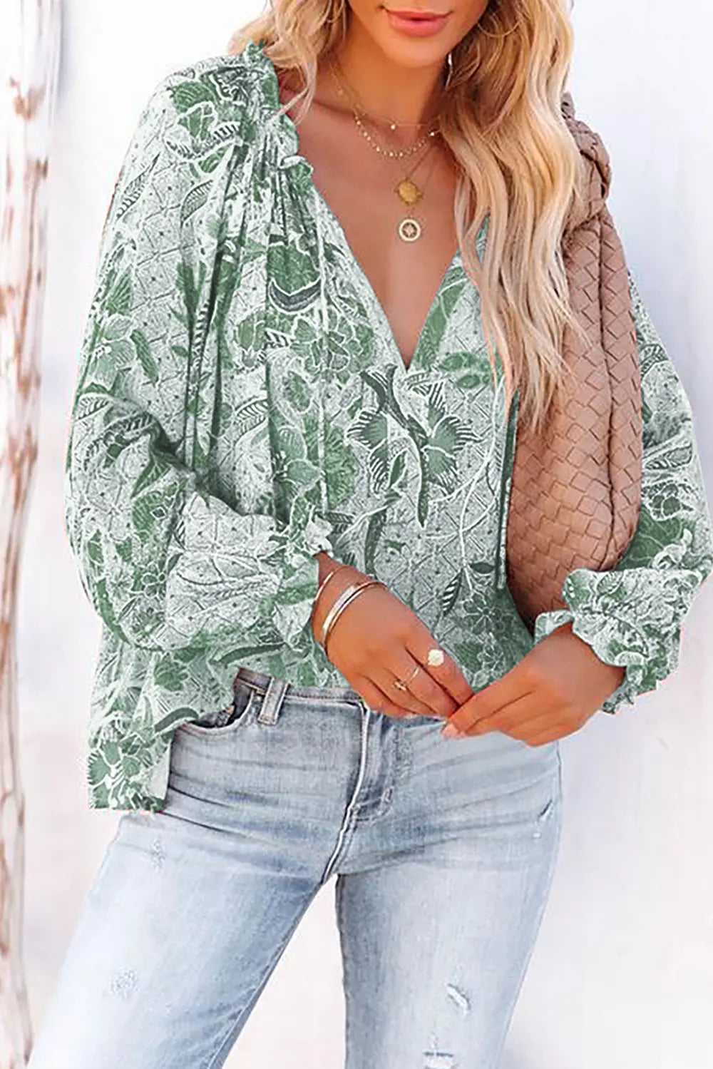 Women’s Floral Tie Neck Blouse with Flounce Sleeves – Elegant Spring Top - Roe Creation
