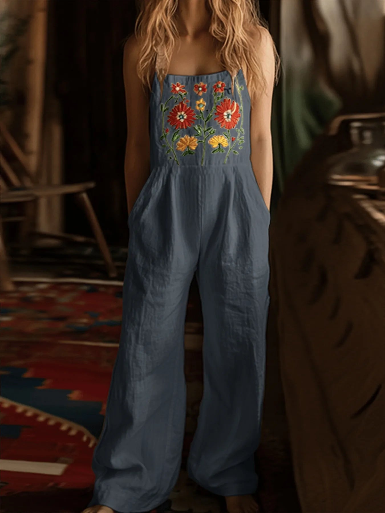 Floral Embroidered Wide Leg Jumpsuit - Roe Creation