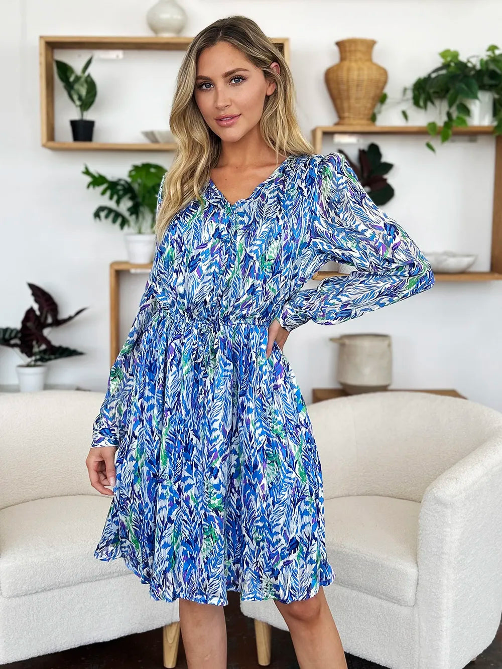 Double Take Full Size Printed Drawstring Waist Long Sleeve Dress - Roe Creation