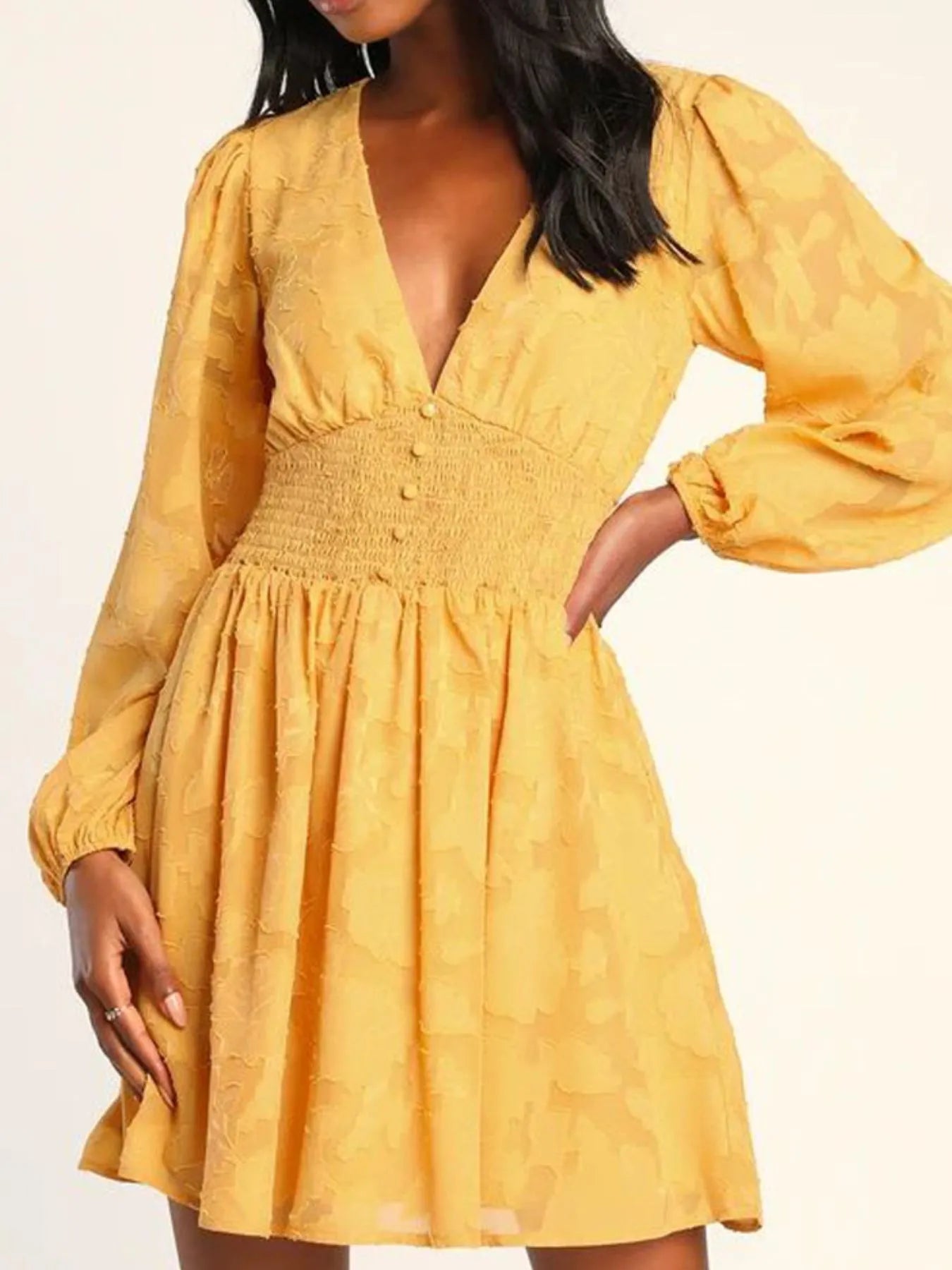 Smocked V-Neck Balloon Sleeve Dress - Roe Creation