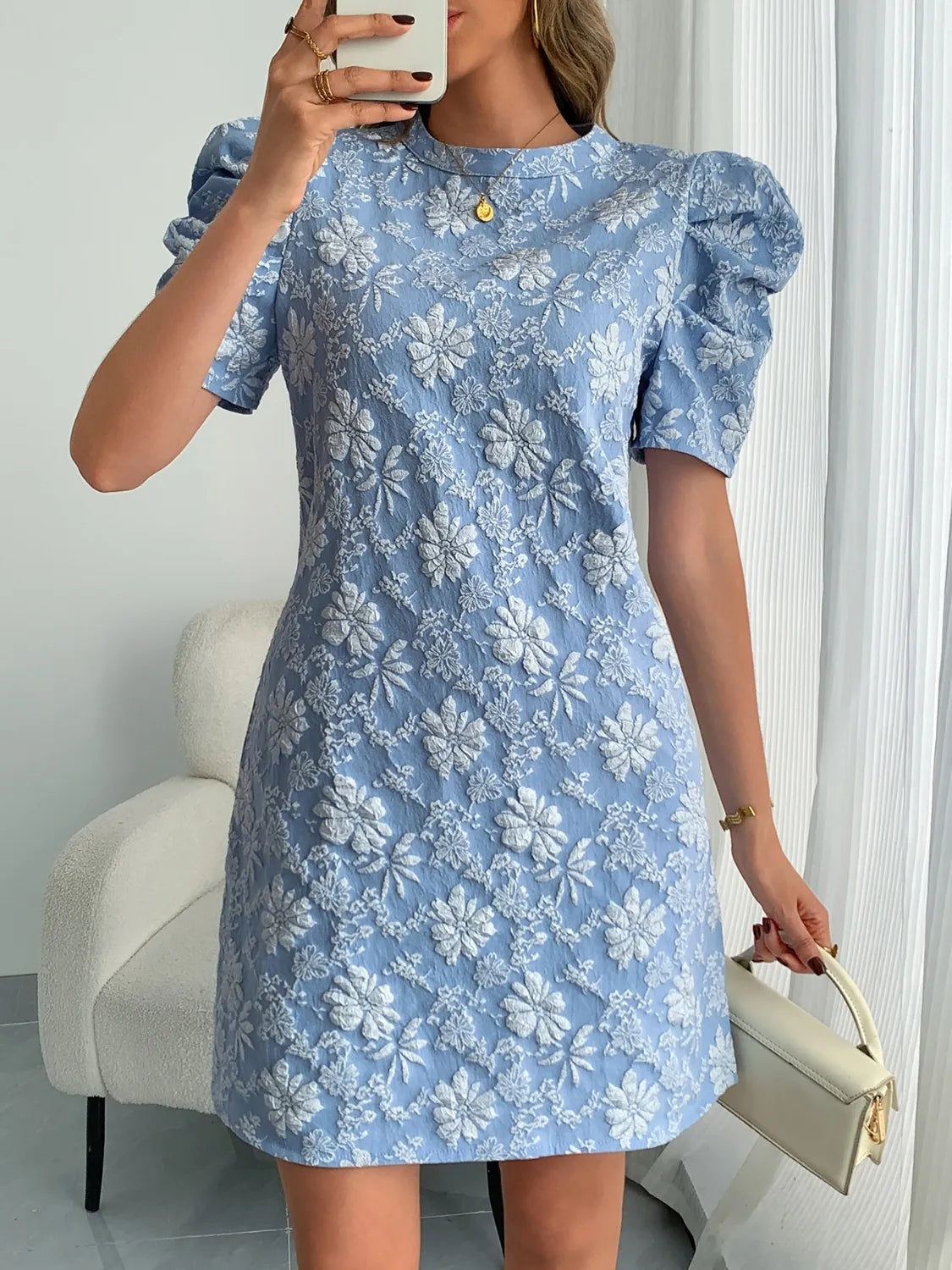 Round Neck Puff Short Sleeve Mini Dress - Roe Creation