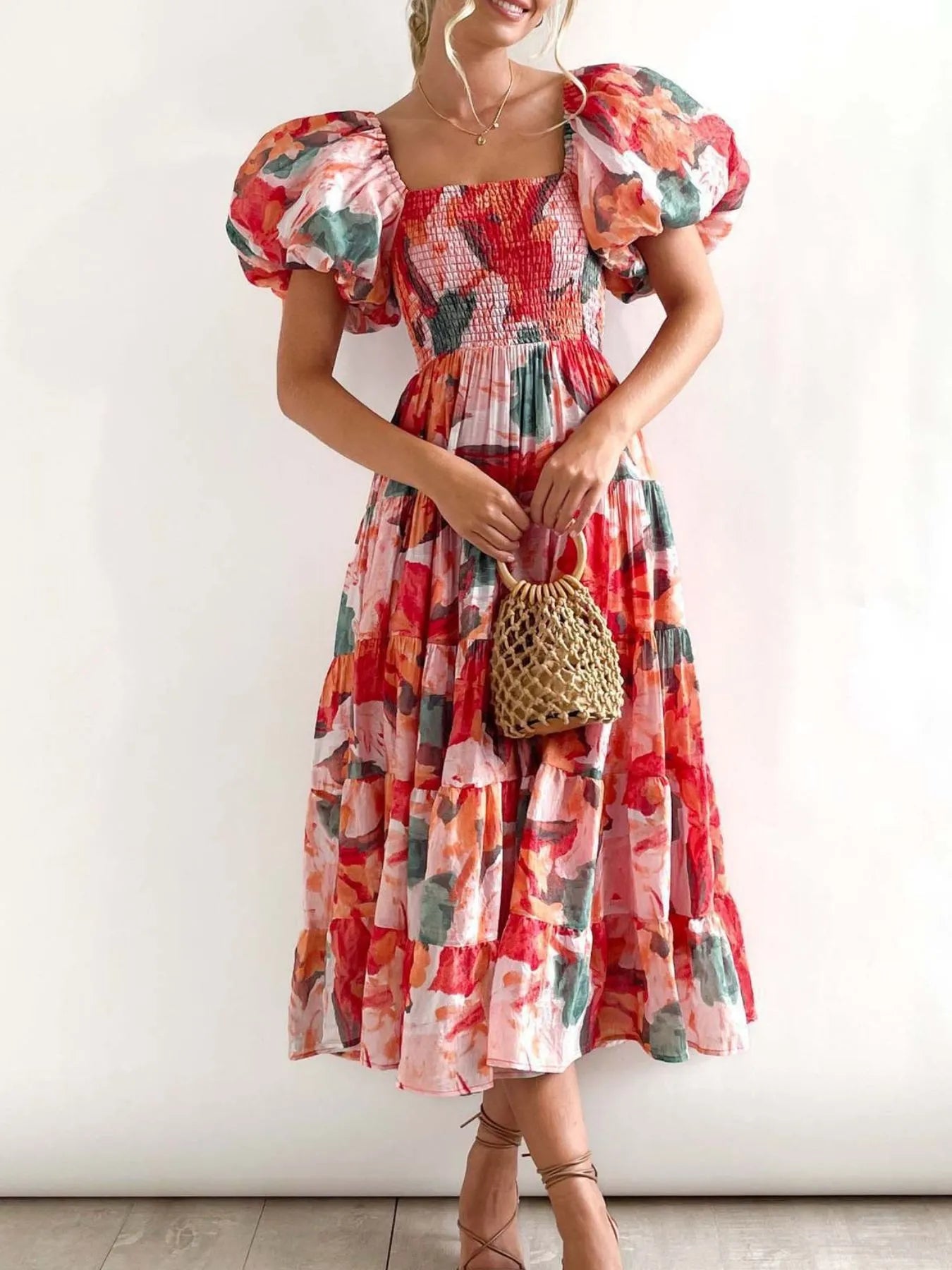Floral Smocked Puff Sleeve Tiered Dress - Roe Creation