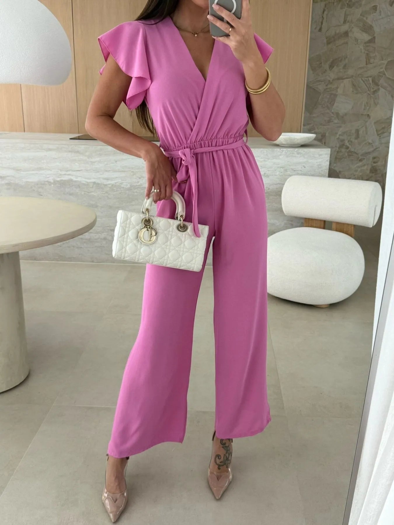 Surplice Wide Leg Belted Jumpsuit - Roe Creation