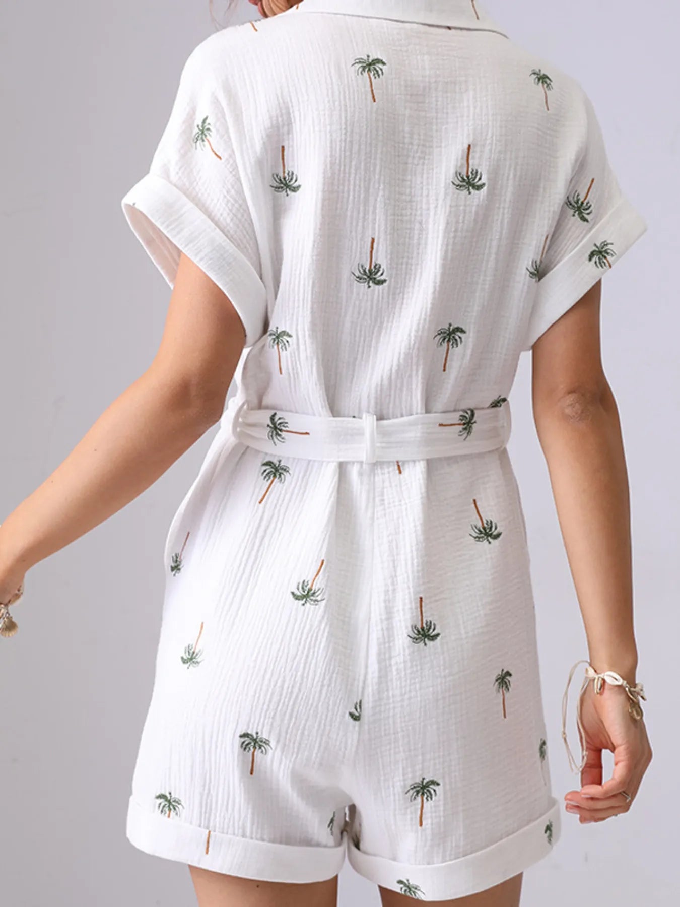 Palm Tree Print Short Sleeve Button-Up Romper with Belt - Roe Creation