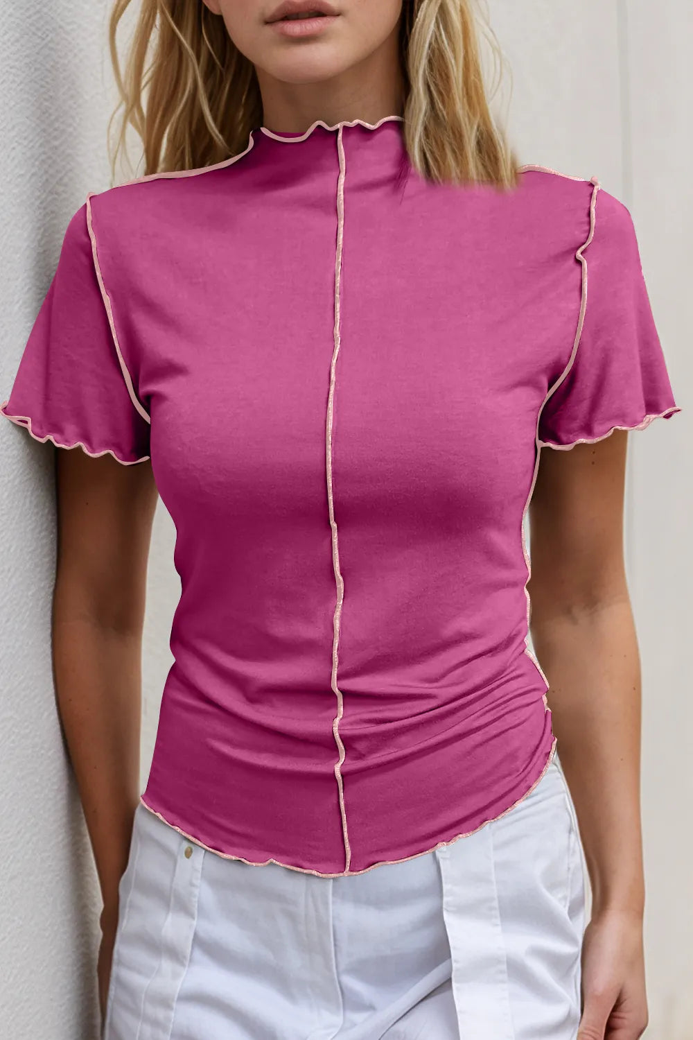 Basic Bae Contrast Trim Mock Neck Short Sleeve T-Shirt - Roe Creation