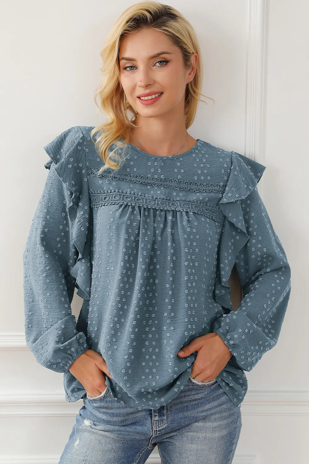 Women’s Round Neck Ruffled Blouse with Lace Detail – Elegant Casual Top - Roe Creation