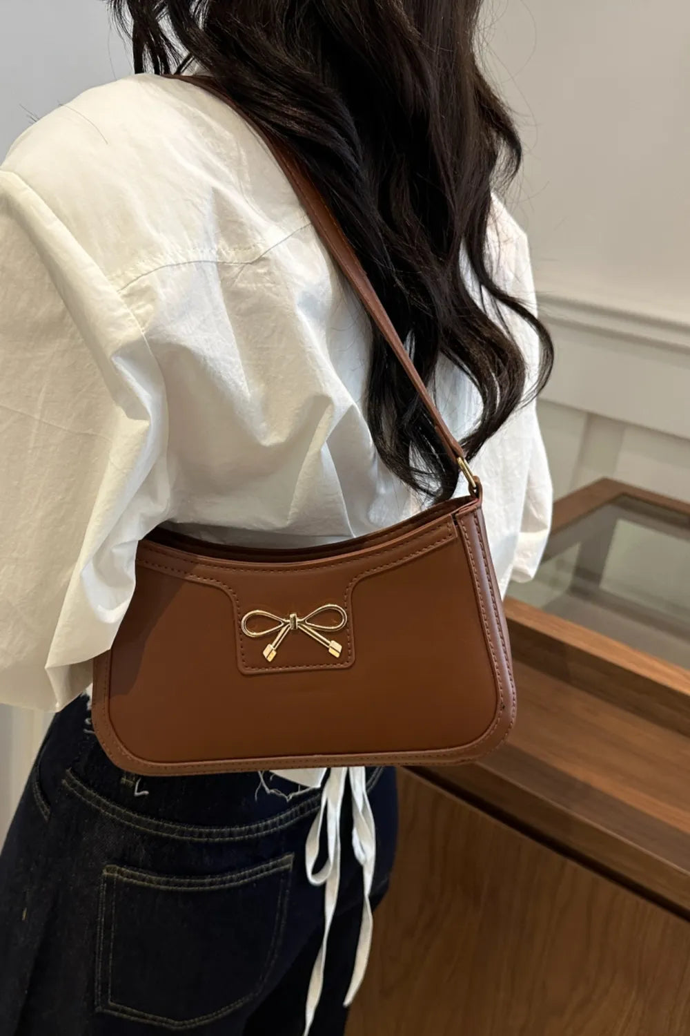 Bow Trim PU Leather Shoulder Bag - Roe Creation