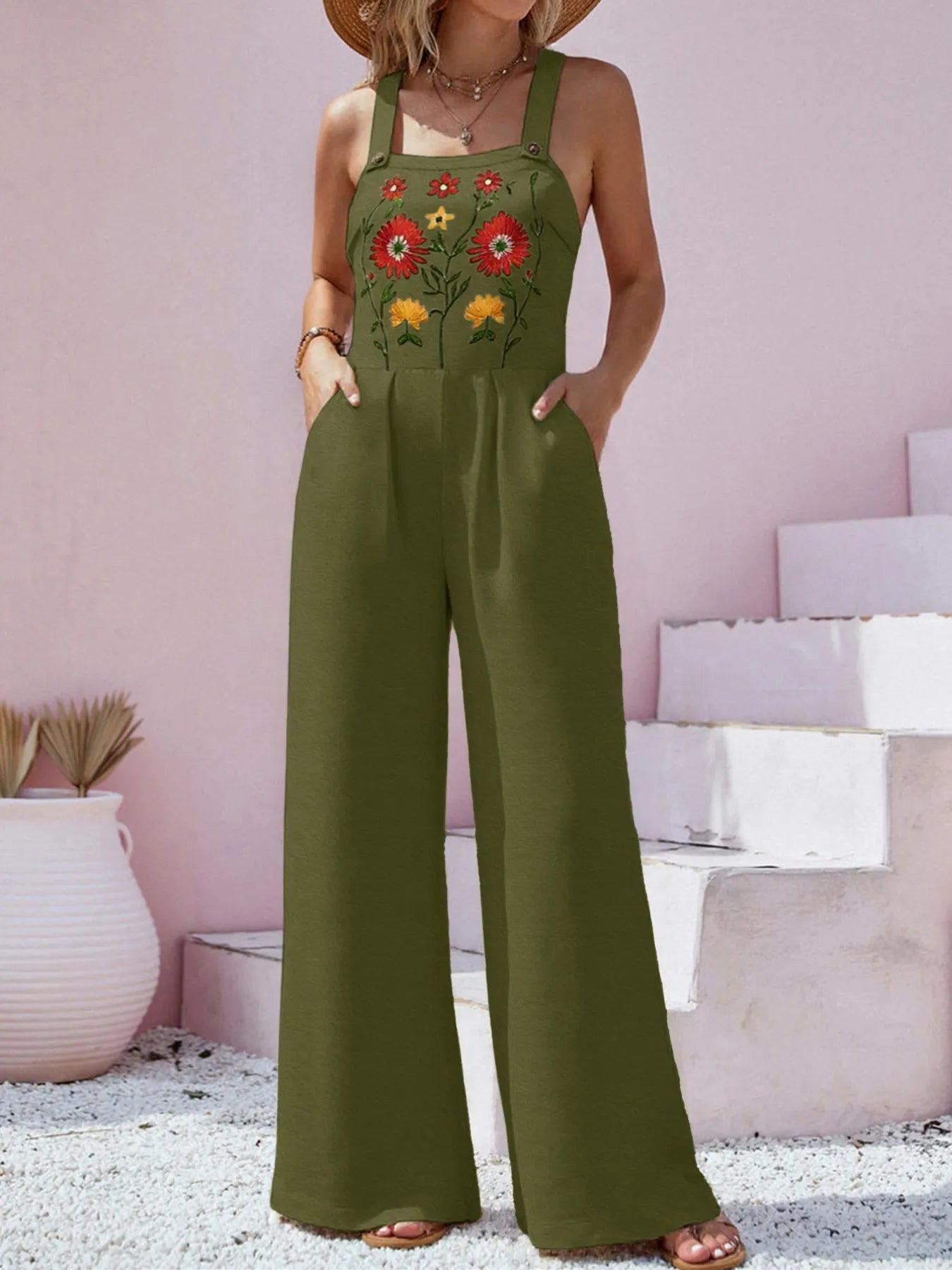 Floral Embroidered Wide Leg Jumpsuit - Roe Creation