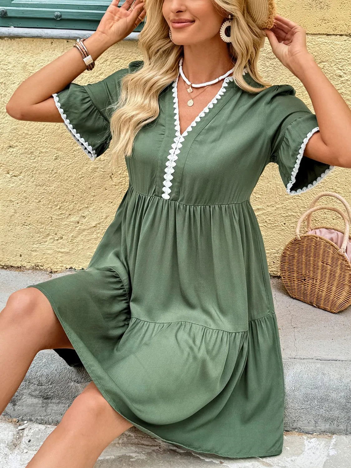 Lace Trim Notched Neck Mini Dress with Flounce Sleeves – Chic Summer Style - Roe Creation