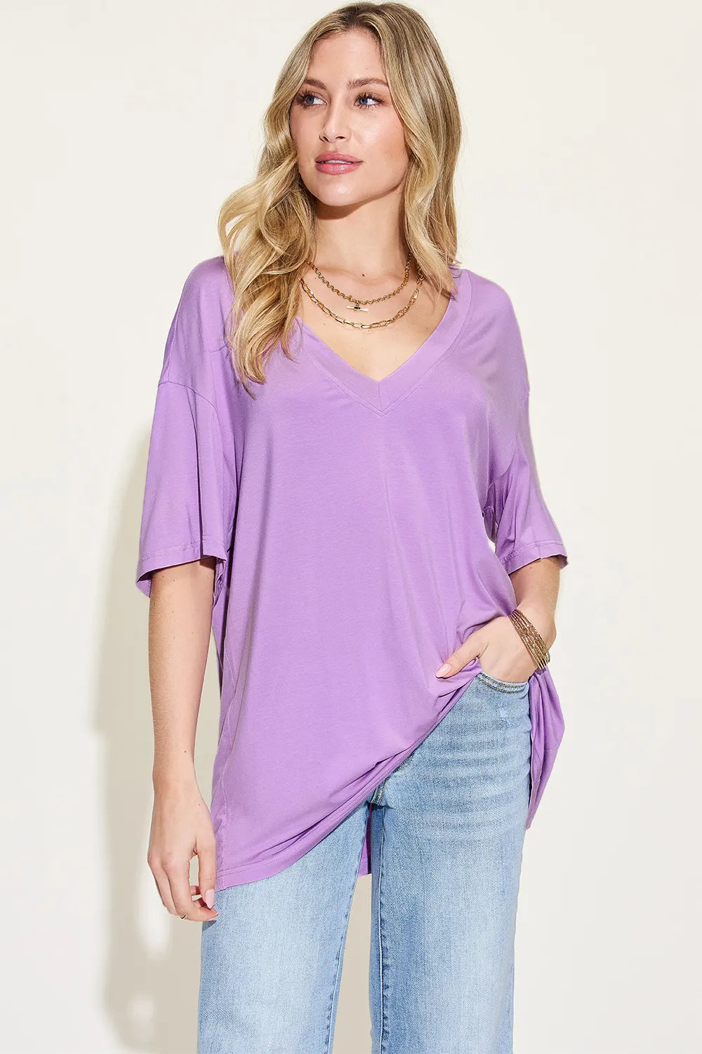 Basic Bae Full Size Bamboo V-Neck Drop Shoulder T-Shirt - Roe Creation