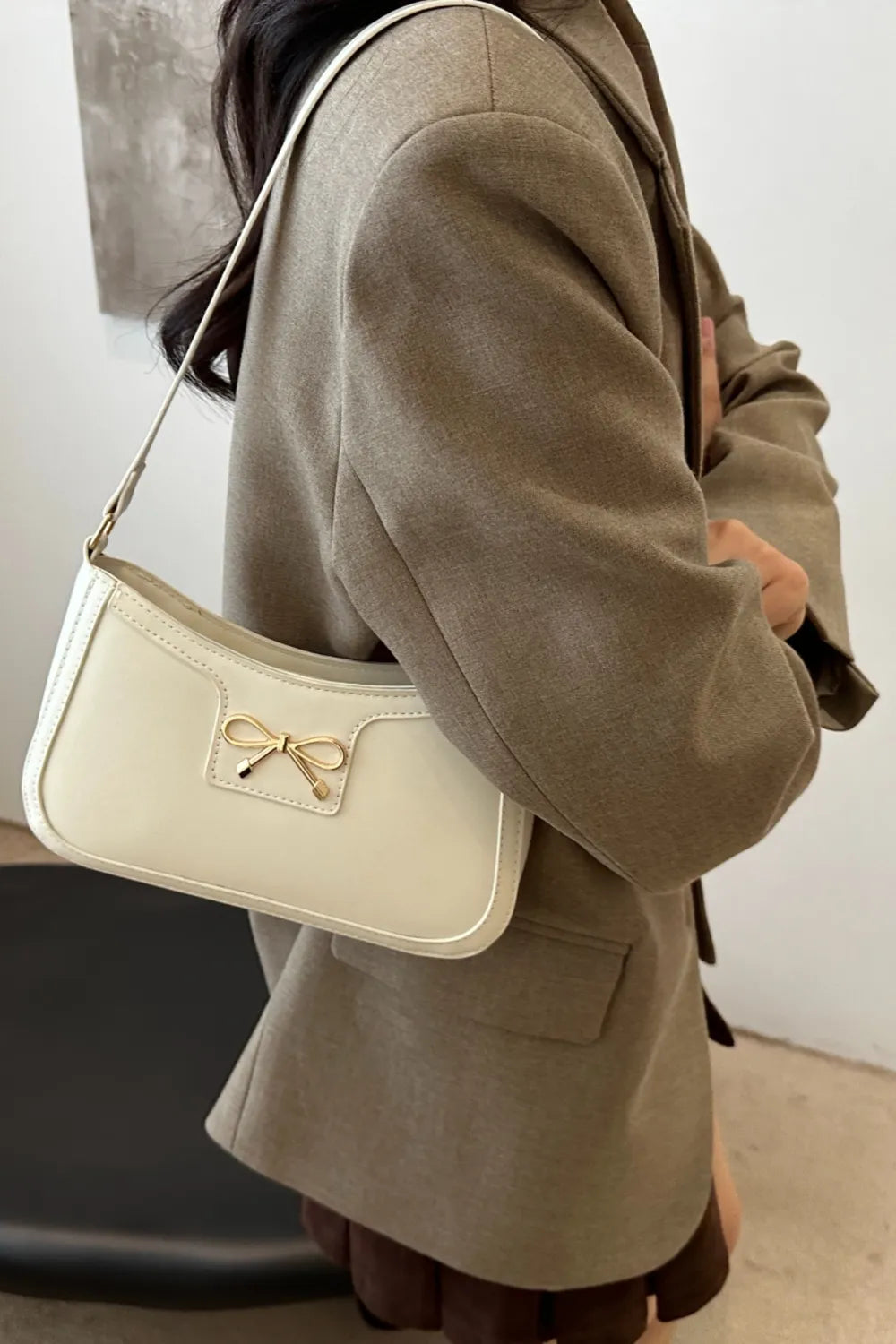 Bow Trim PU Leather Shoulder Bag - Roe Creation