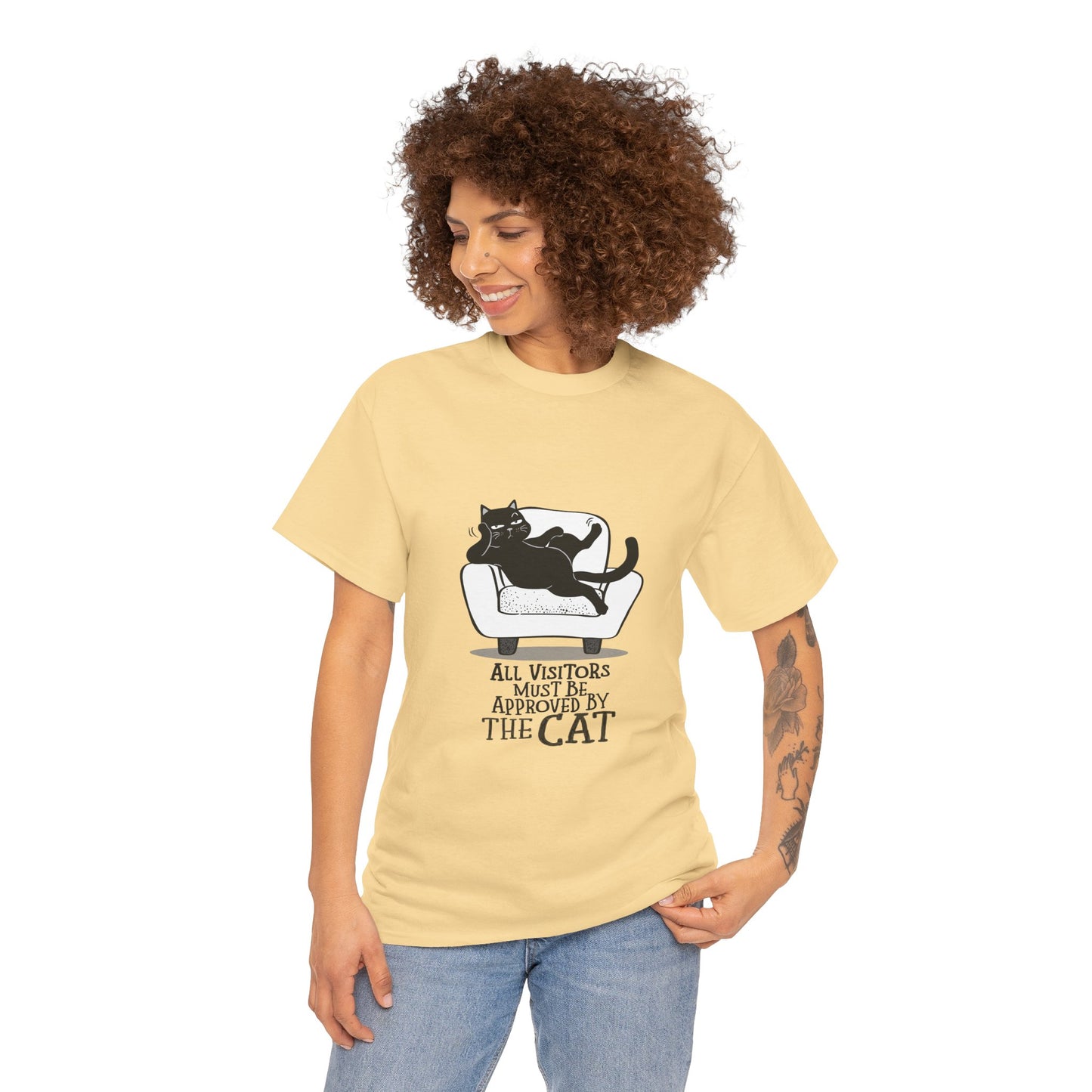 Funny Cat Approval Unisex Heavy Cotton Tee - All Visitors Must Be Approved by The Cat - Roe Creation