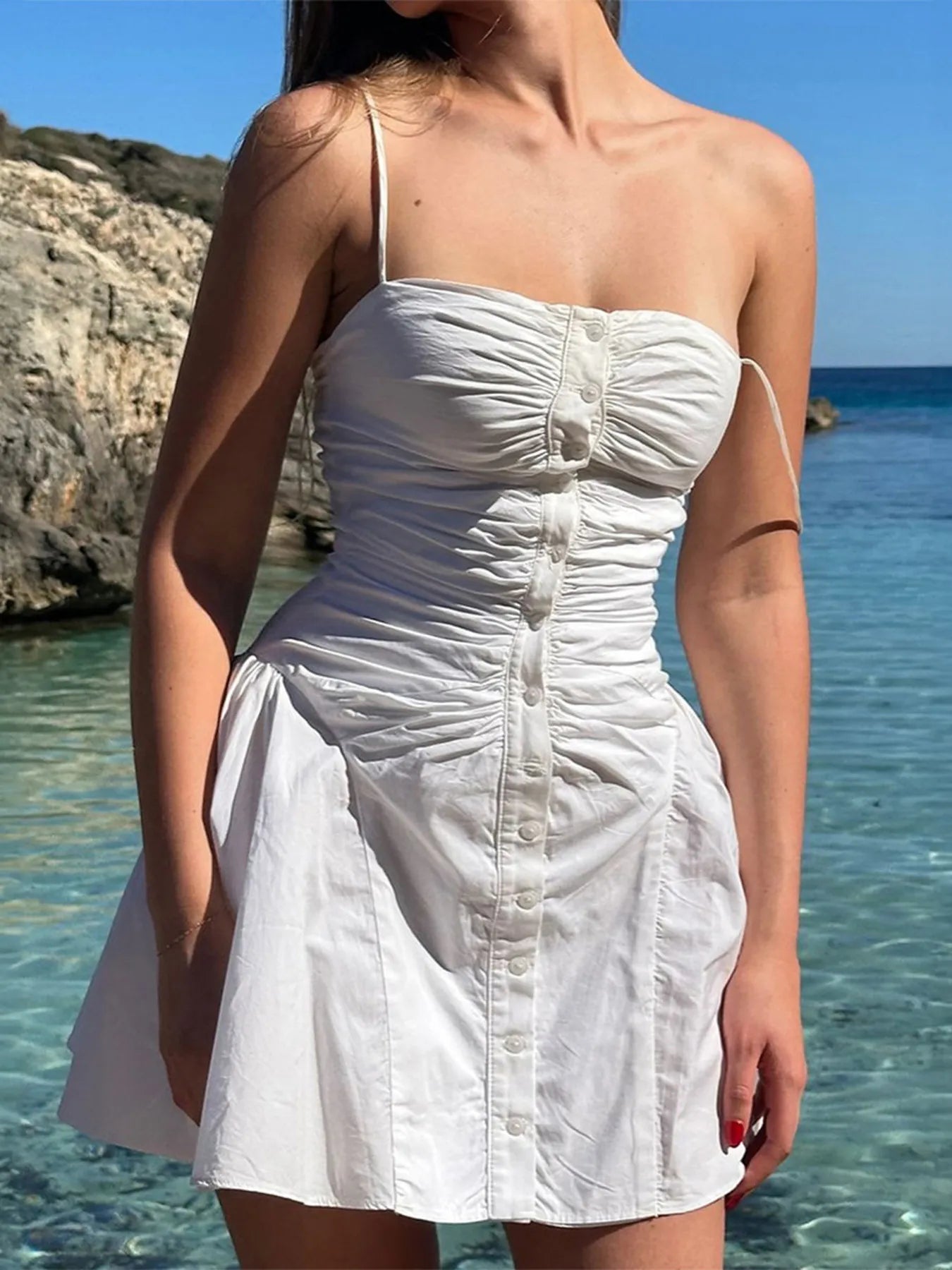 Ruched Button-Front Summer Dress - Roe Creation