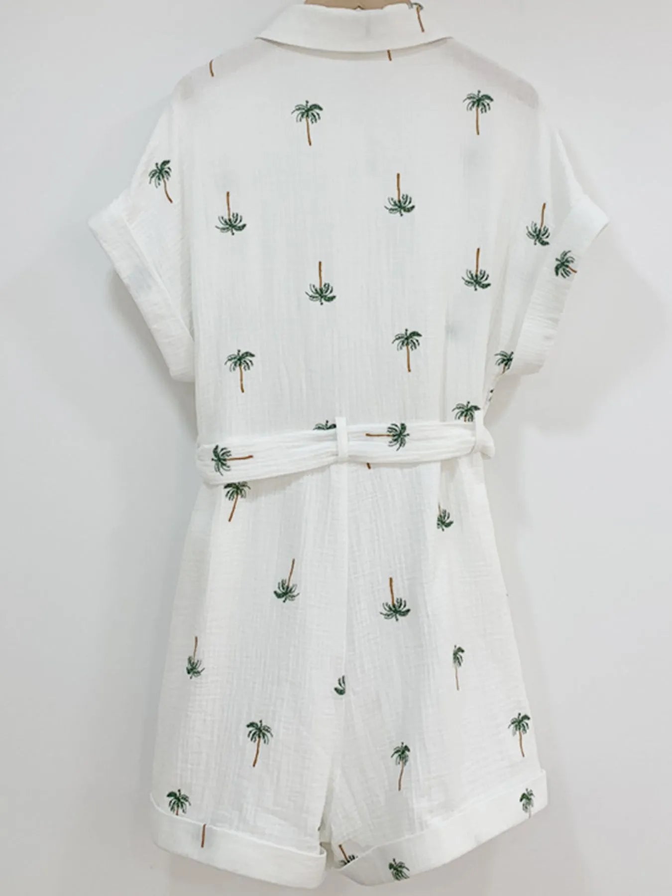 Palm Tree Print Short Sleeve Button-Up Romper with Belt - Roe Creation