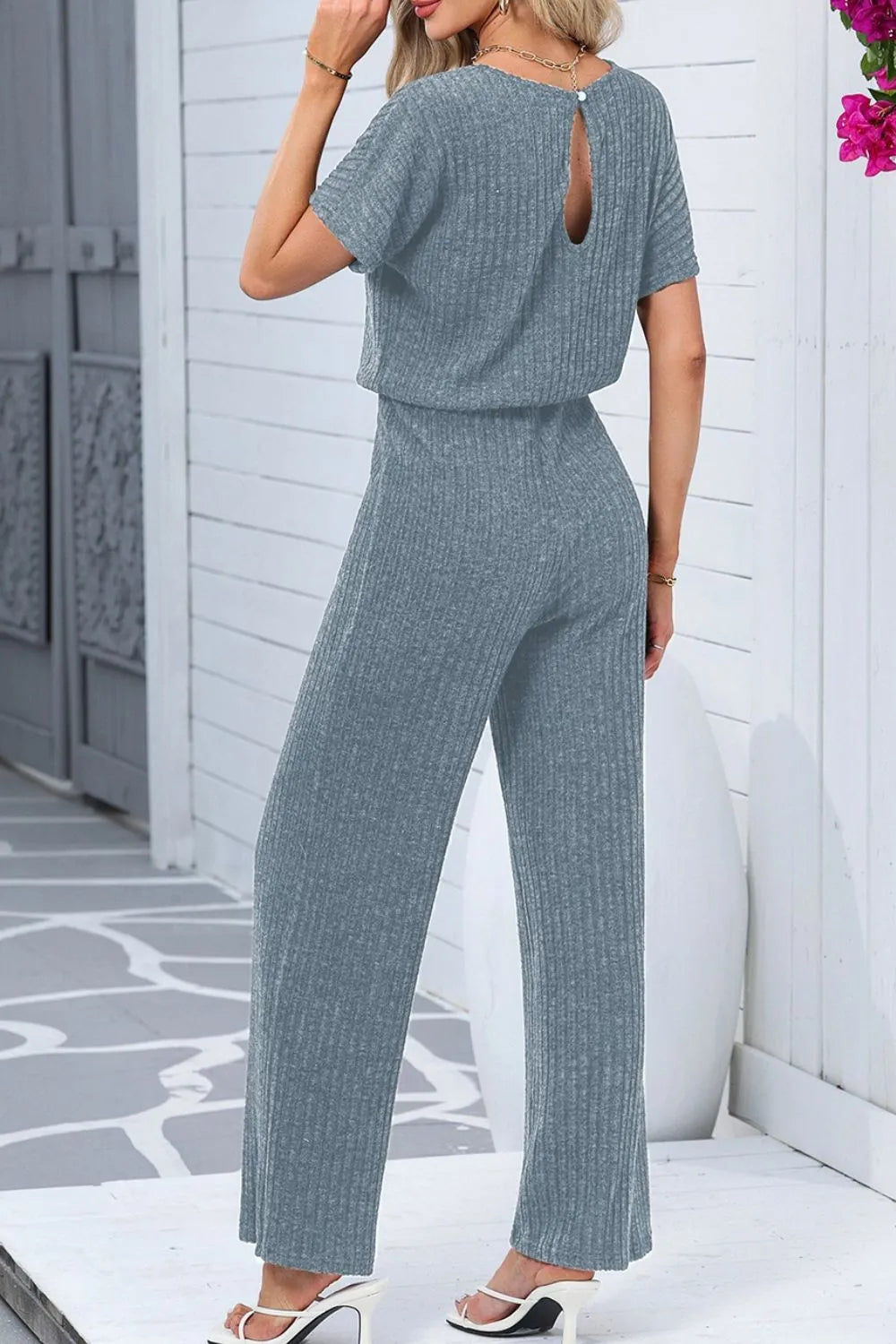 Ribbed Short Sleeve Wide Leg Jumpsuit - Roe Creation