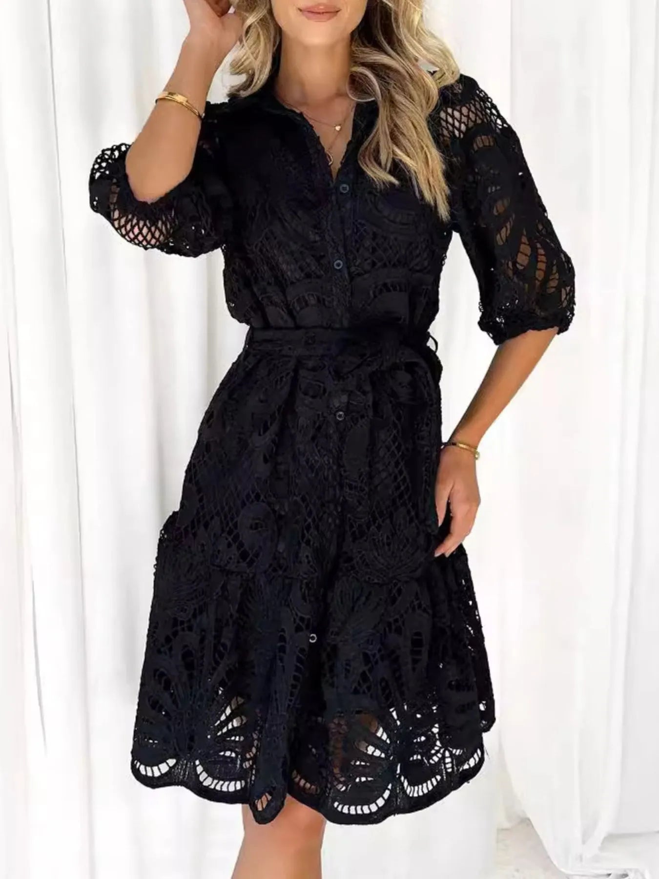 Lace Tie Waist Half Sleeve Dress - Roe Creation