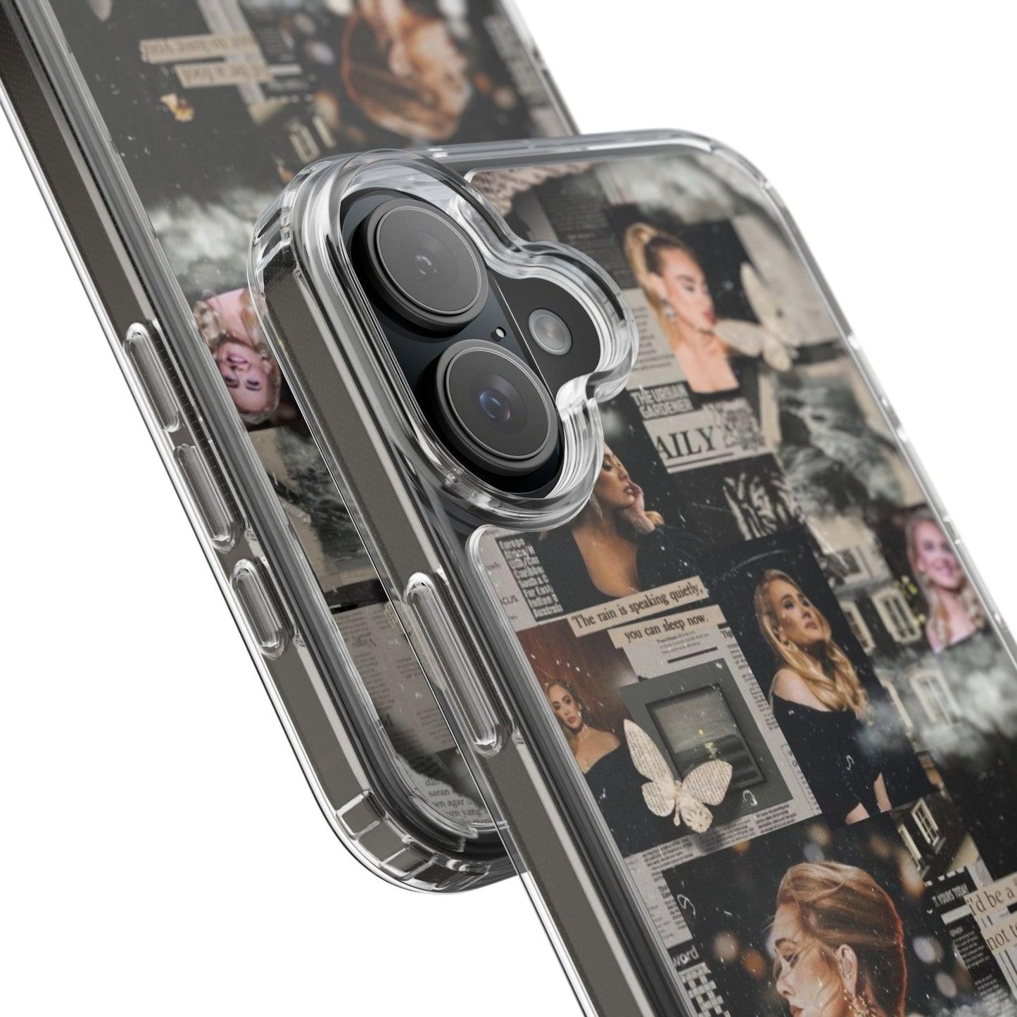 Adele Aesthetic Clear Phone Case with Butterfly Collage Design