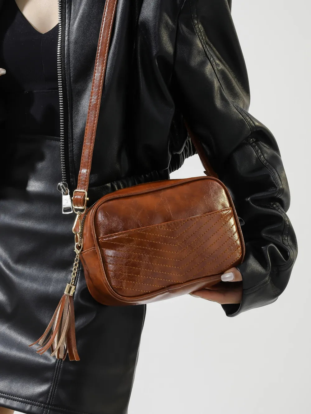 Tassel Cassette Vintage Crossbody Bag with PU Leather and Printed Strap - Roe Creation
