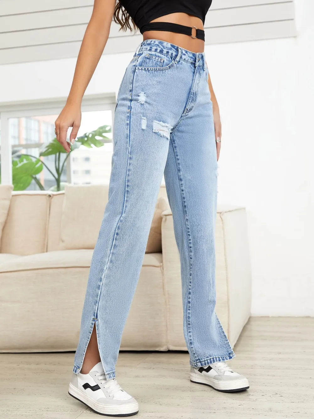 Distressed Slit Straight Leg Jeans - Roe Creation