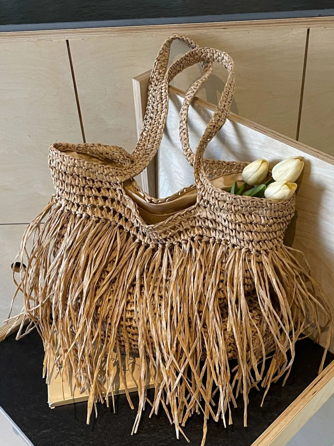 Bohemian Straw Fringe Hobo Handbag - Roe Creation