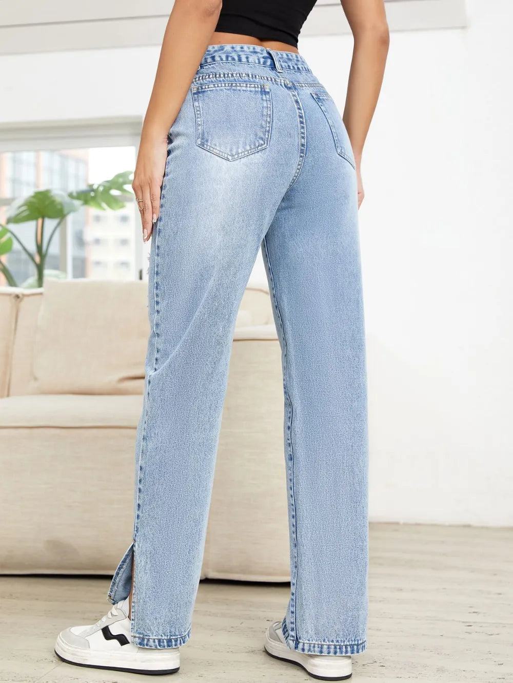Distressed Slit Straight Leg Jeans - Roe Creation