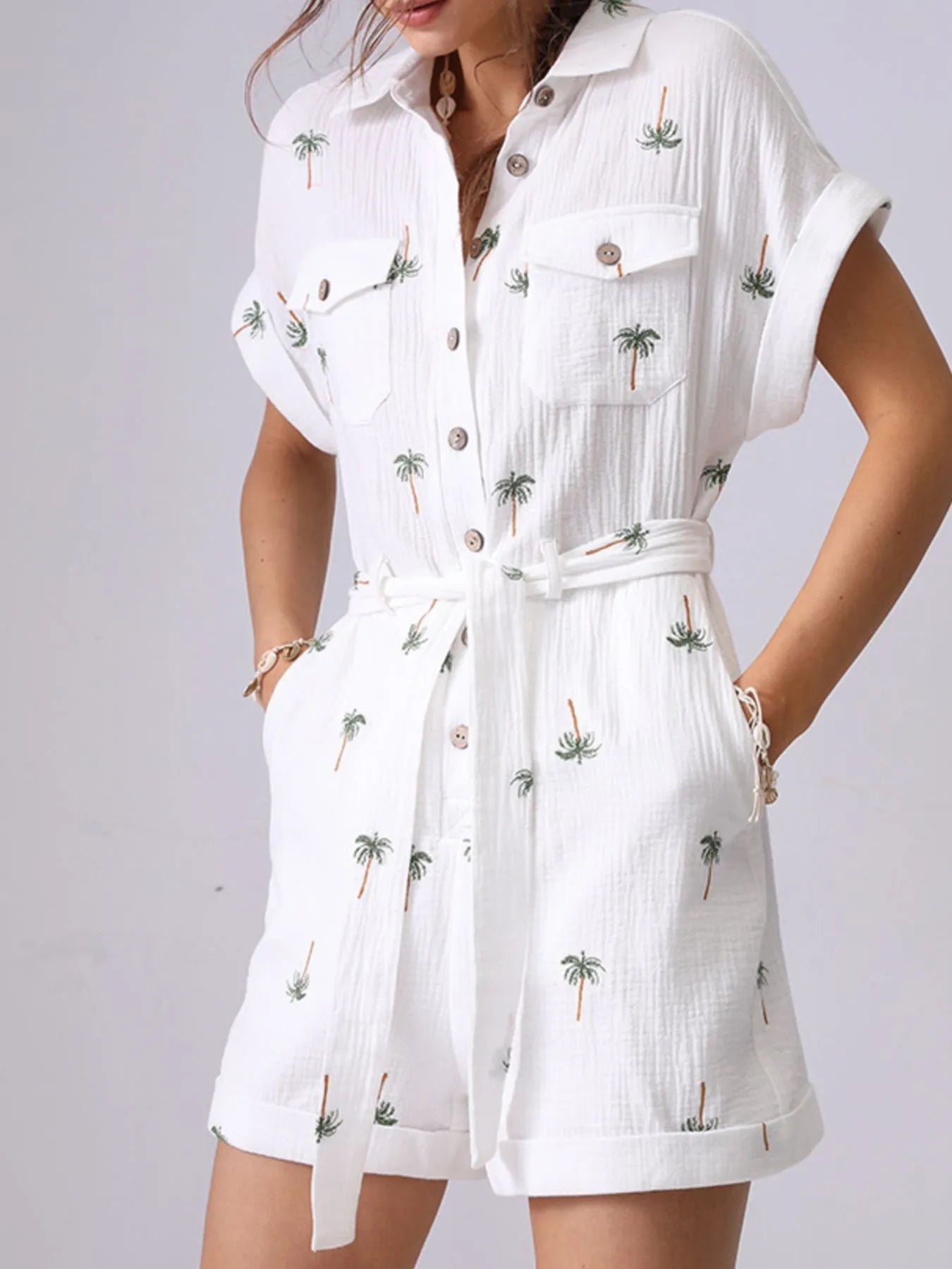 Palm Tree Print Short Sleeve Button-Up Romper with Belt - Roe Creation
