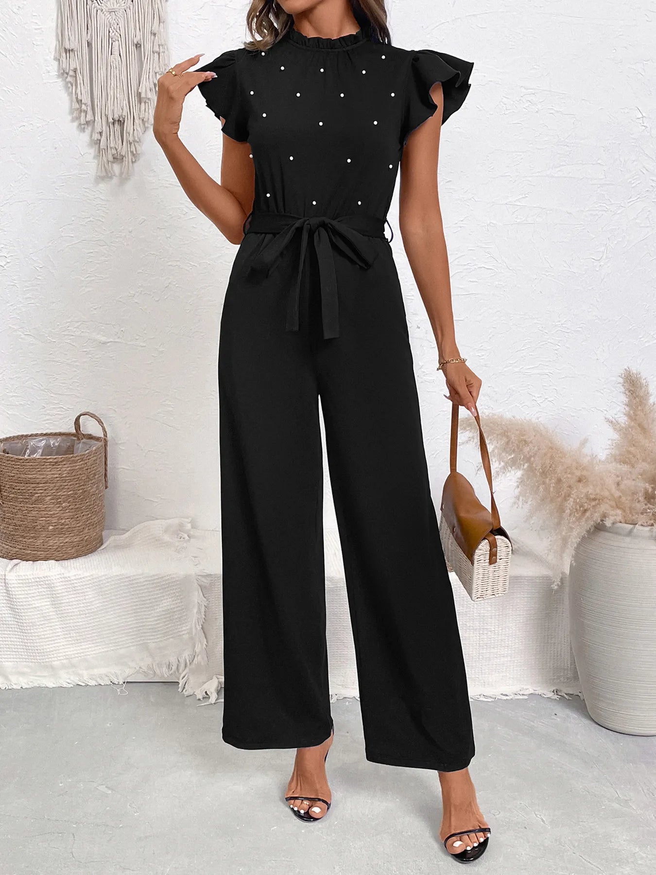 Pearl Detail Ruffled Cap Sleeve Jumpsuit - Roe Creation