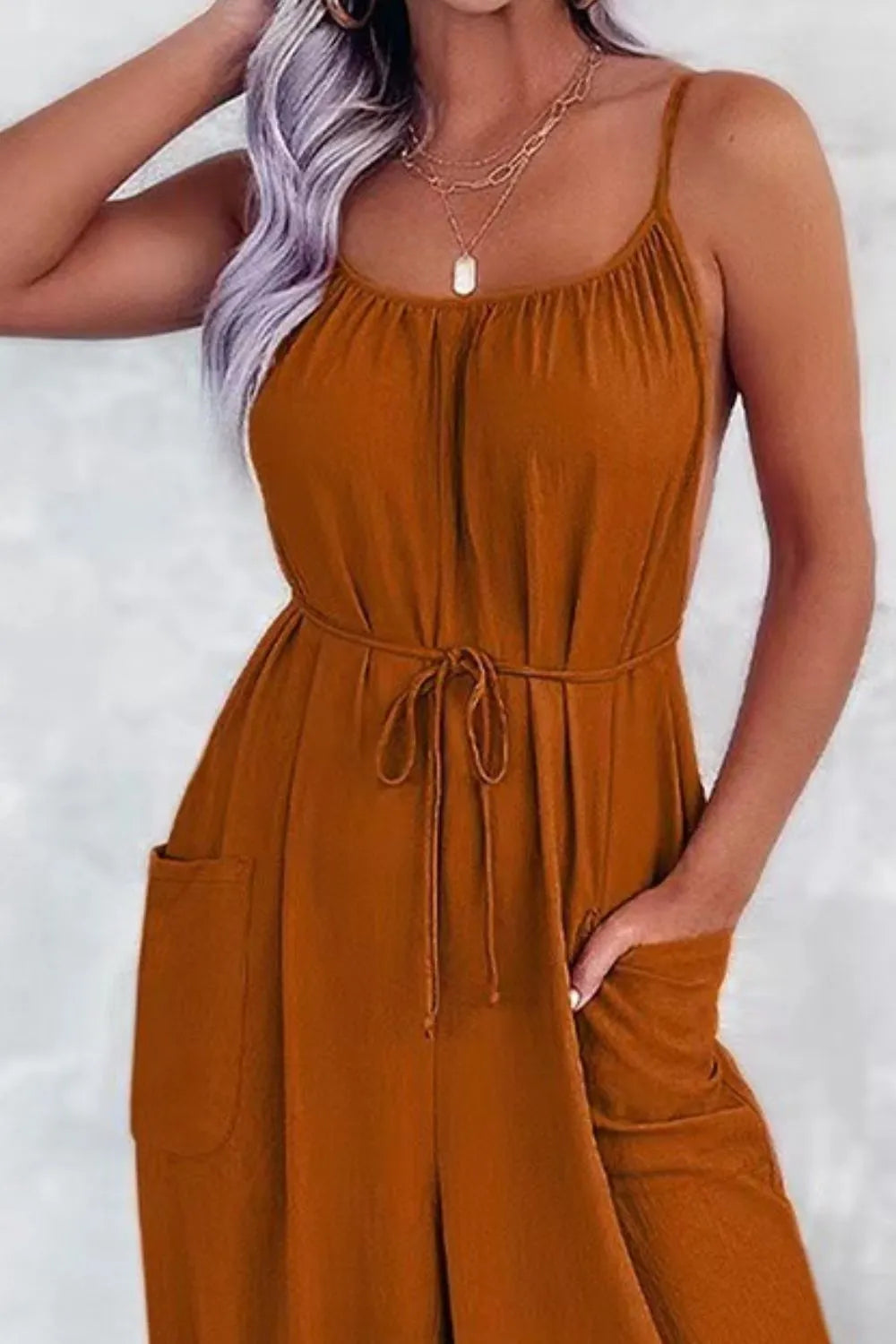 Casual Spaghetti Strap Wide Leg Jumpsuit with Pockets - Roe Creation