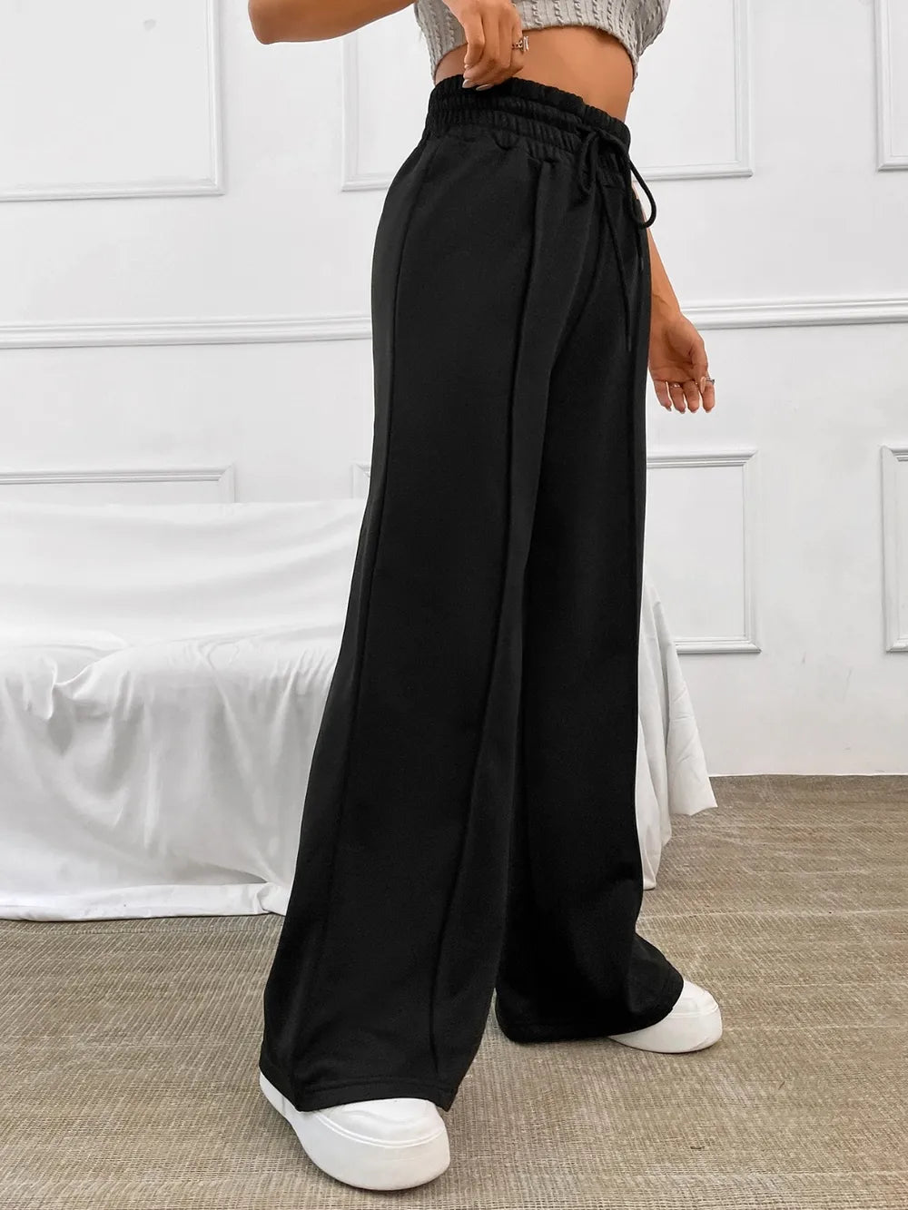 Honey Drawstring Elastic Waist Wide Leg Pants - Roe Creation