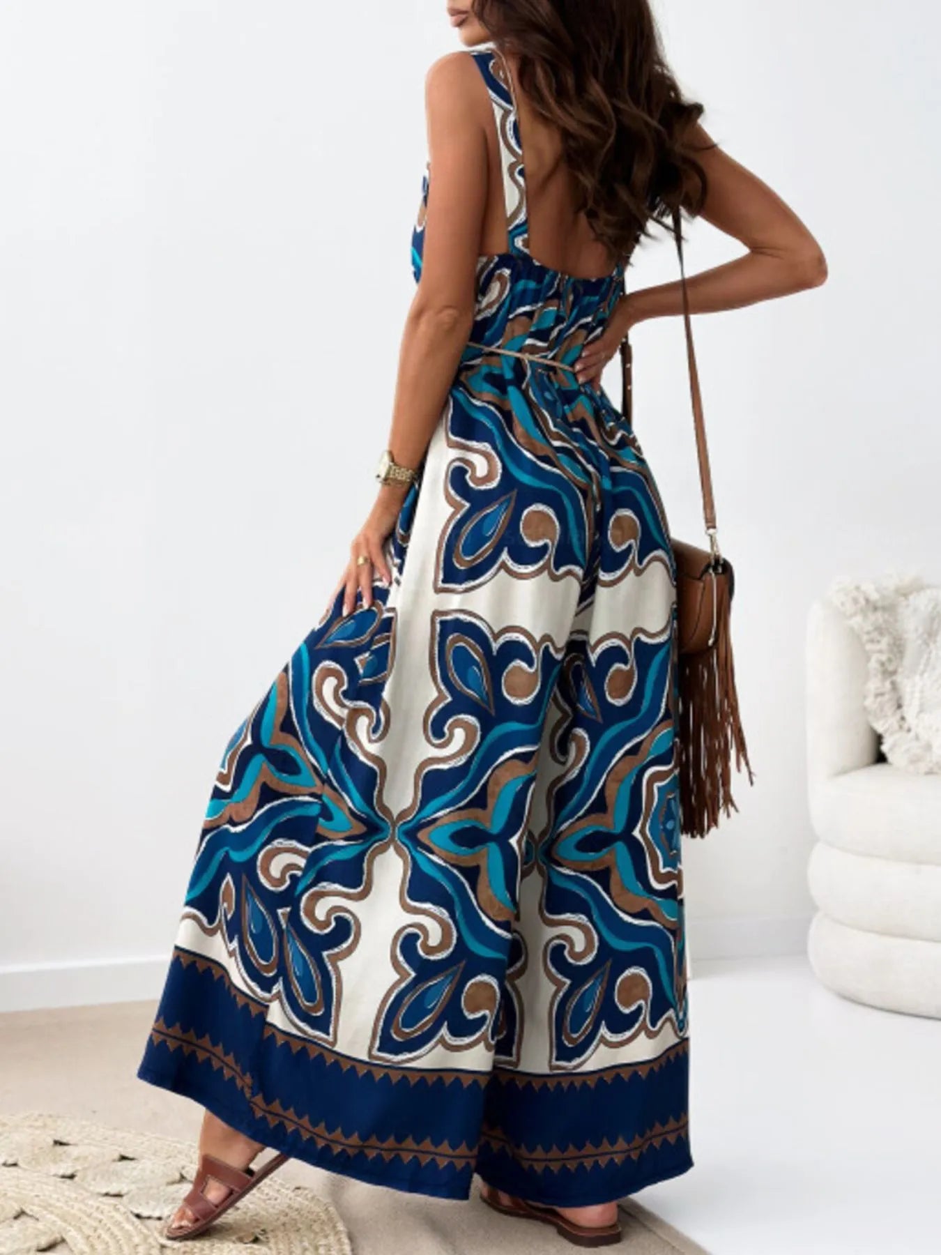 Paisley Print Spaghetti Strap Wide Leg Jumpsuit - Roe Creation
