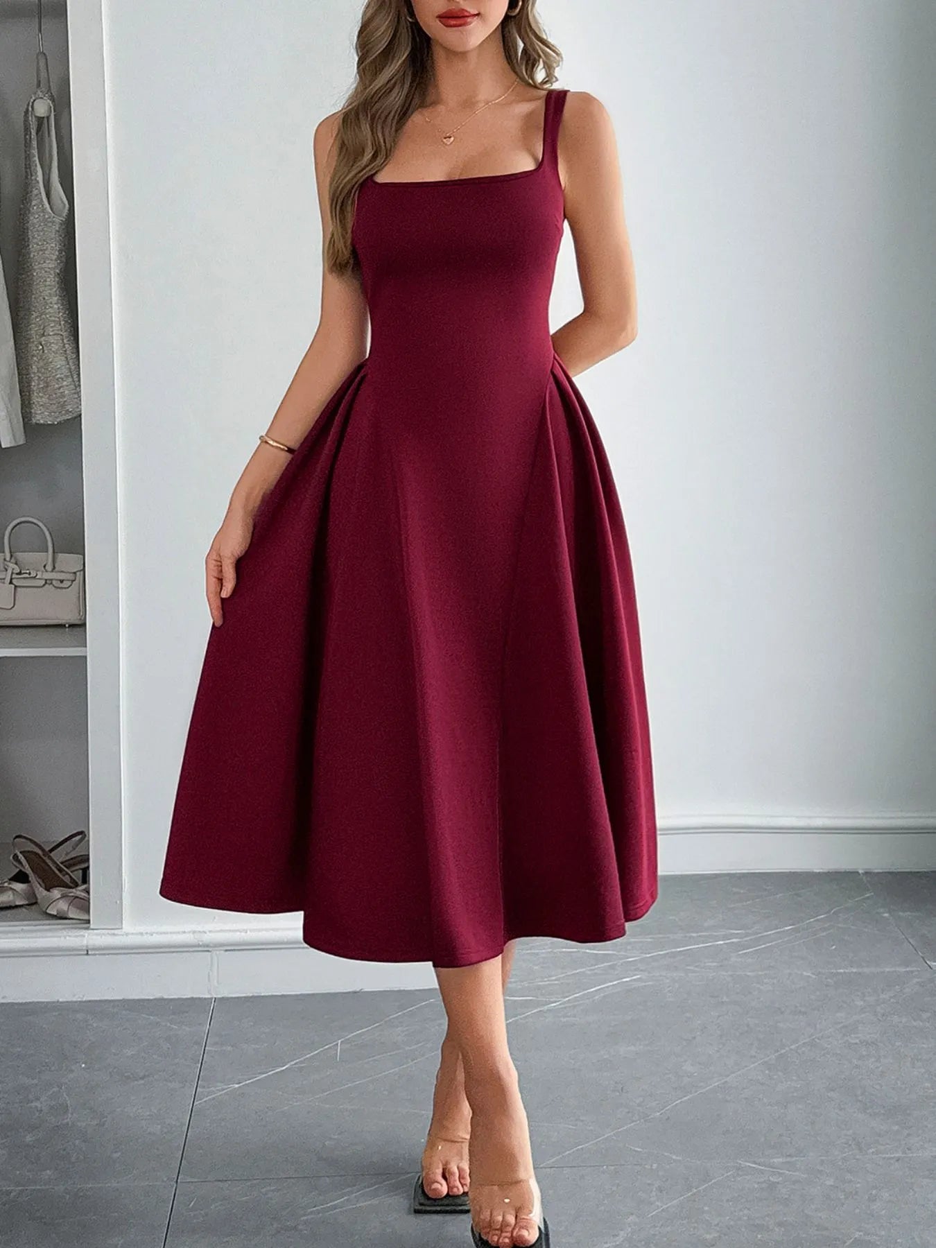 Square Neck Wide Strap Midi Dress - Roe Creation