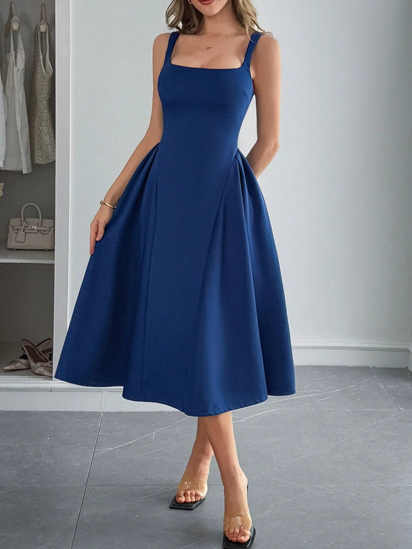 Square Neck Wide Strap Midi Dress - Roe Creation