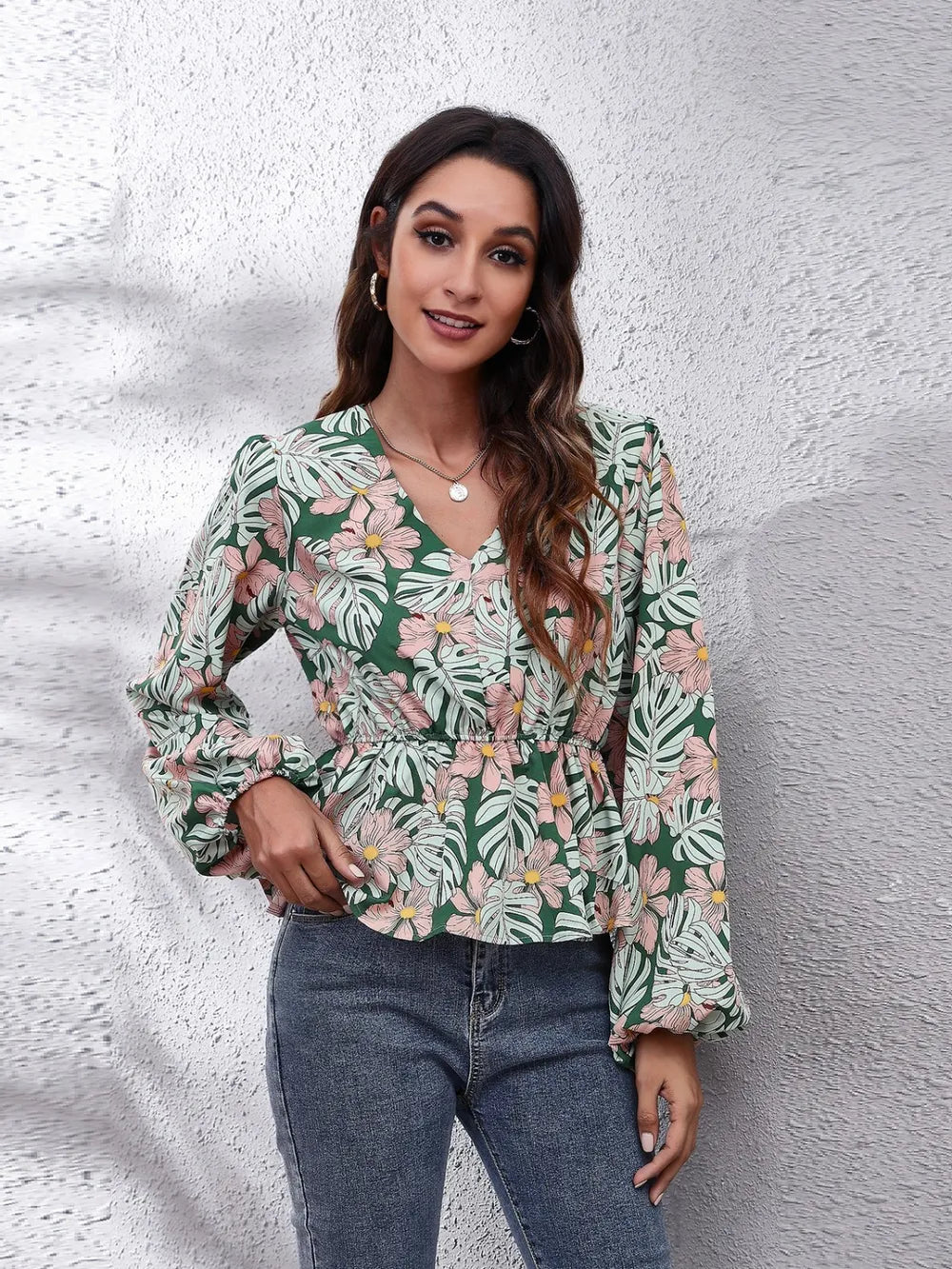 Floral V-Neck Peplum Blouse with Balloon Sleeves - Roe Creation