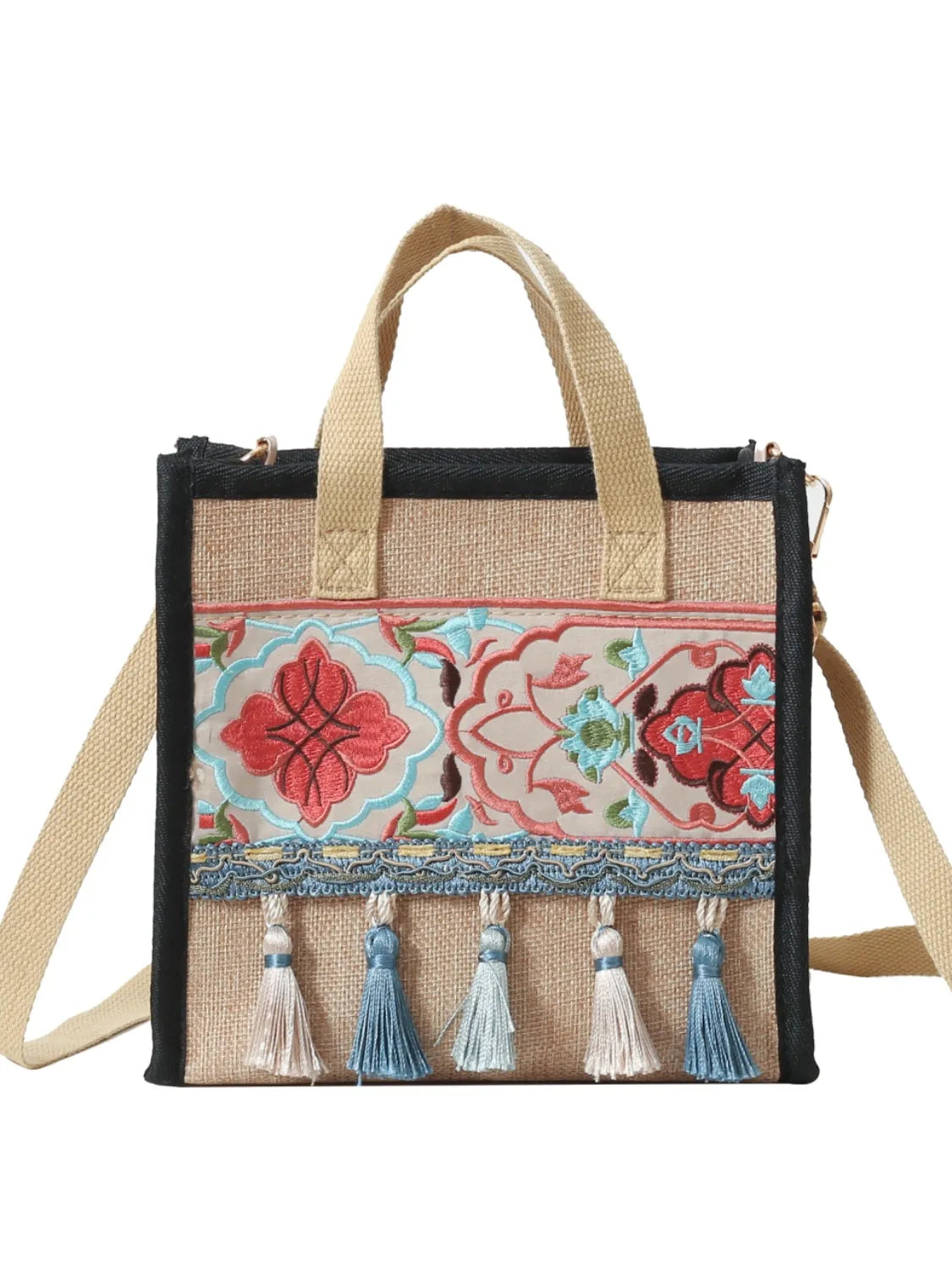 Vintage Embroidered Handbag with Tassel and Canvas Strap - Roe Creation