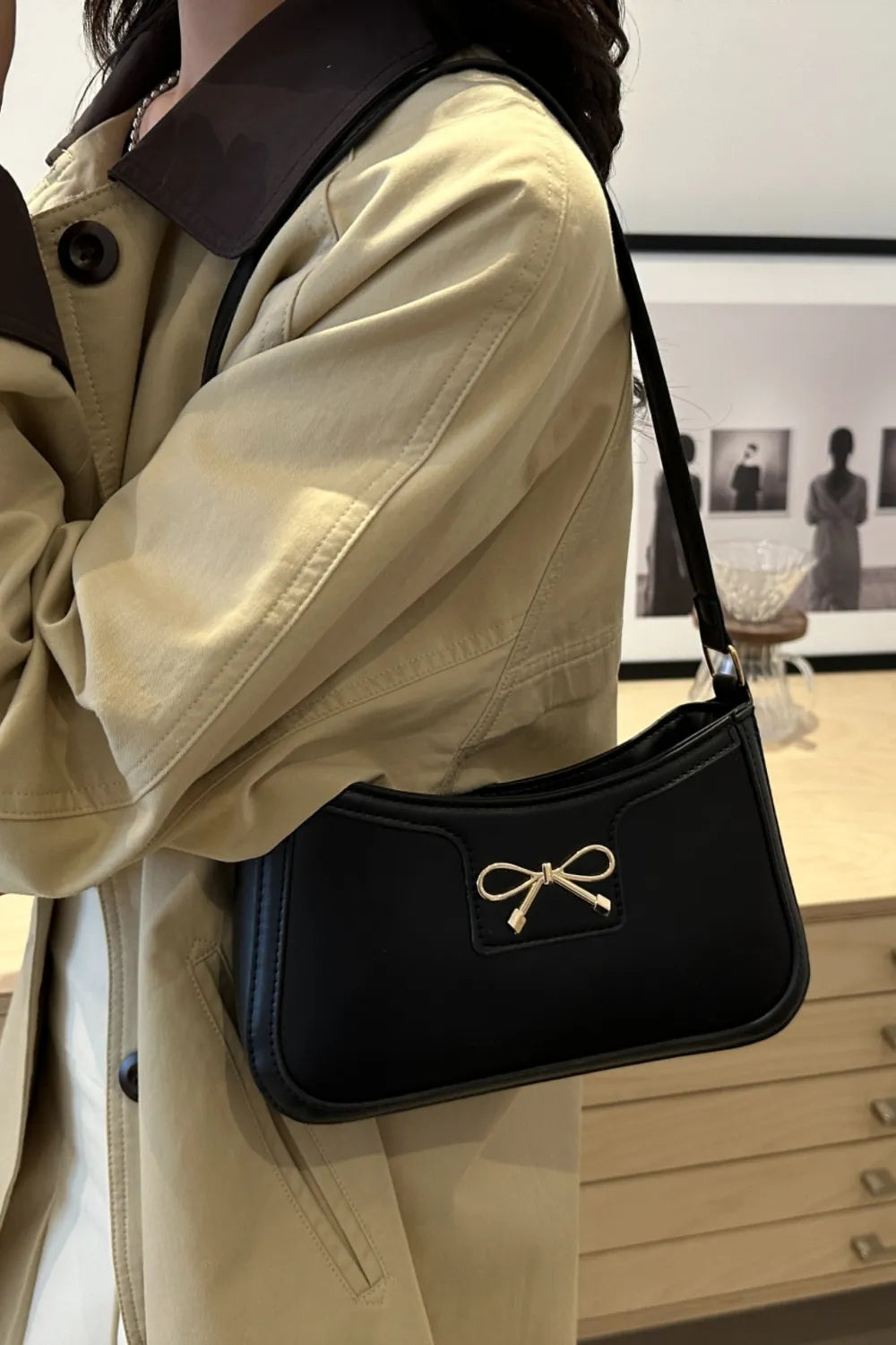 Bow Trim PU Leather Shoulder Bag - Roe Creation