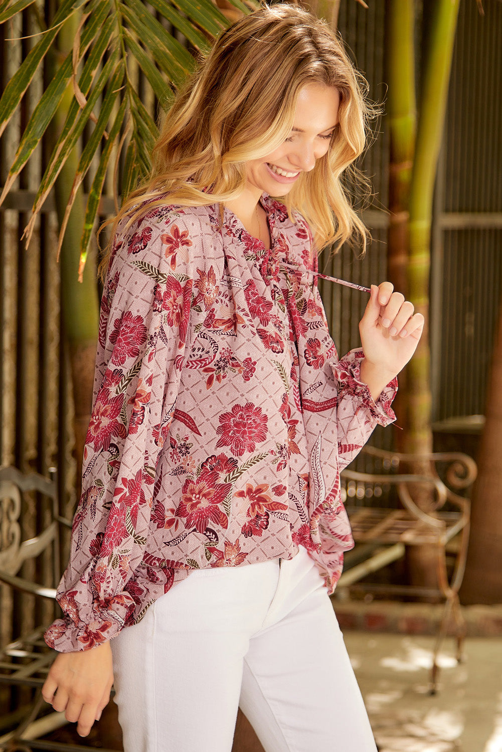 Women’s Floral Tie Neck Blouse with Flounce Sleeves – Elegant Spring Top - Roe Creation