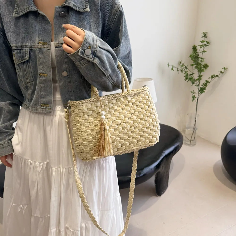 Braided Strap Paper Weave Shoulder Bag - Roe Creation