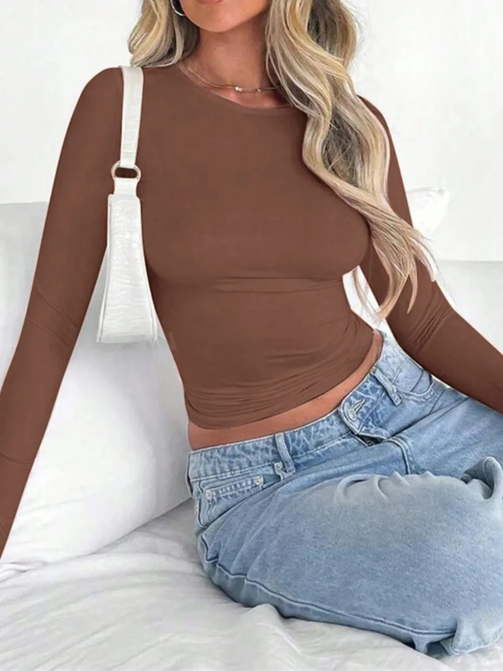 Solid Color Round Neck Long Sleeve T-Shirt - Roe Creation