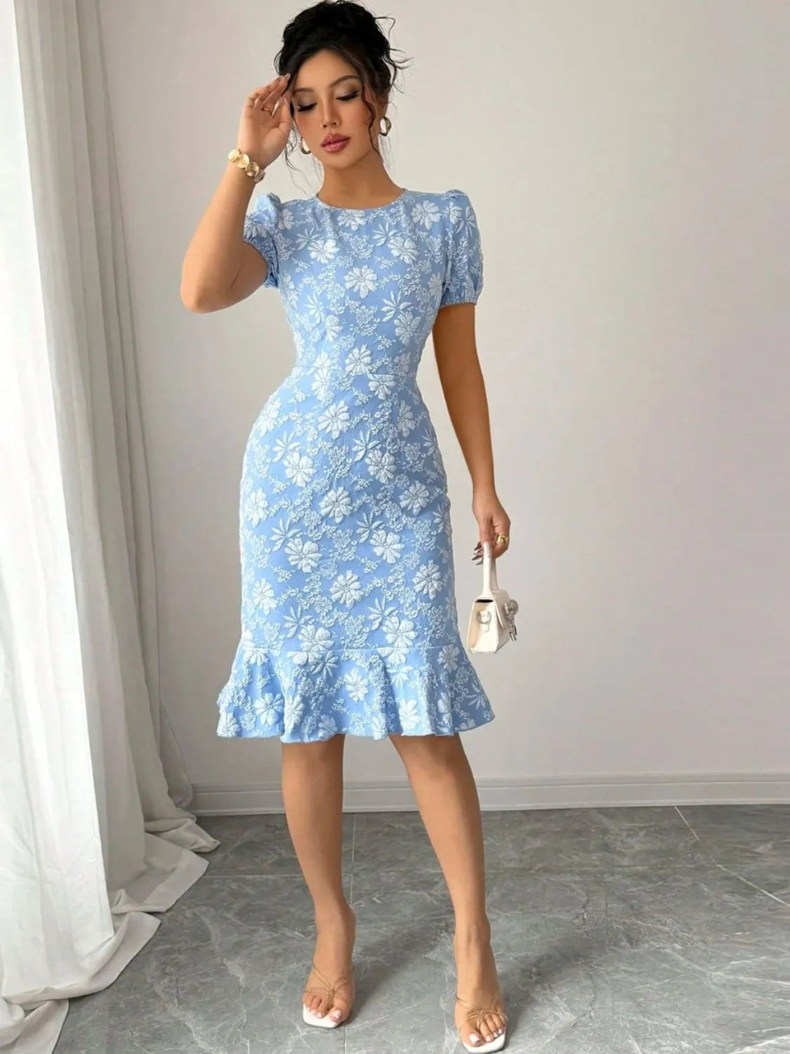 Floral Short Sleeve Dress with Ruffled Hem - Roe Creation