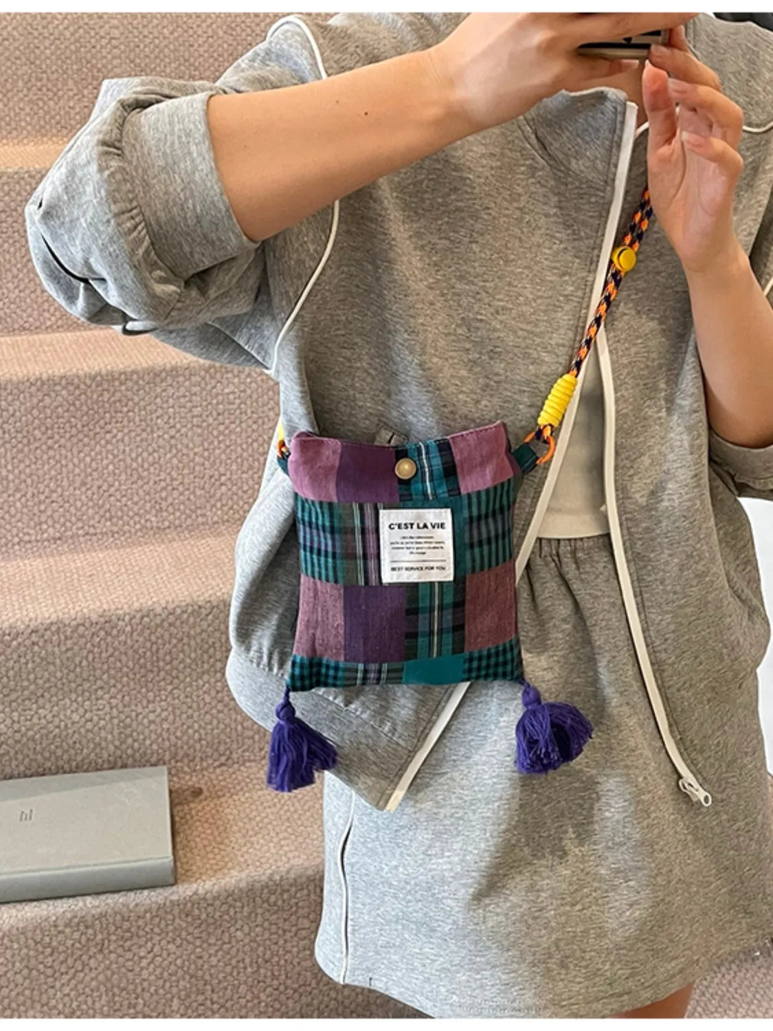 C'EST LA VIE Plaid Crossbody Bag with Tassel Detail - Roe Creation
