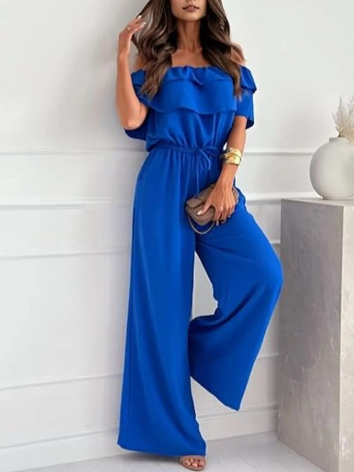 Off-Shoulder Ruffled Wide Leg Jumpsuit - Roe Creation
