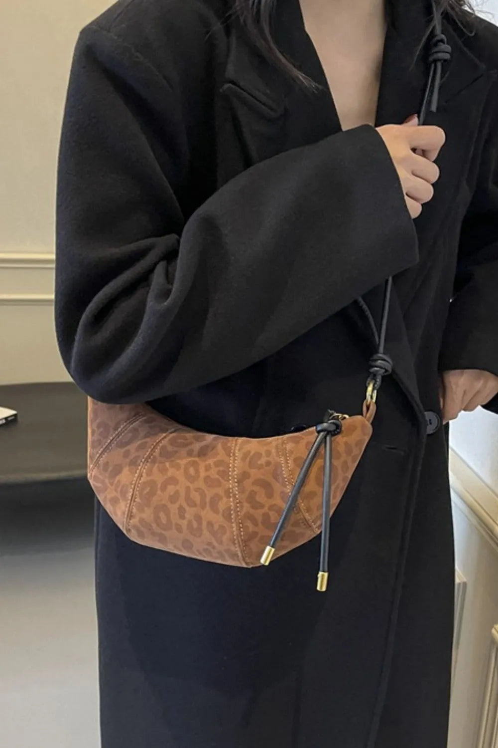 Leopard Print Suede Shoulder Bag with PU Leather Strap - Roe Creation
