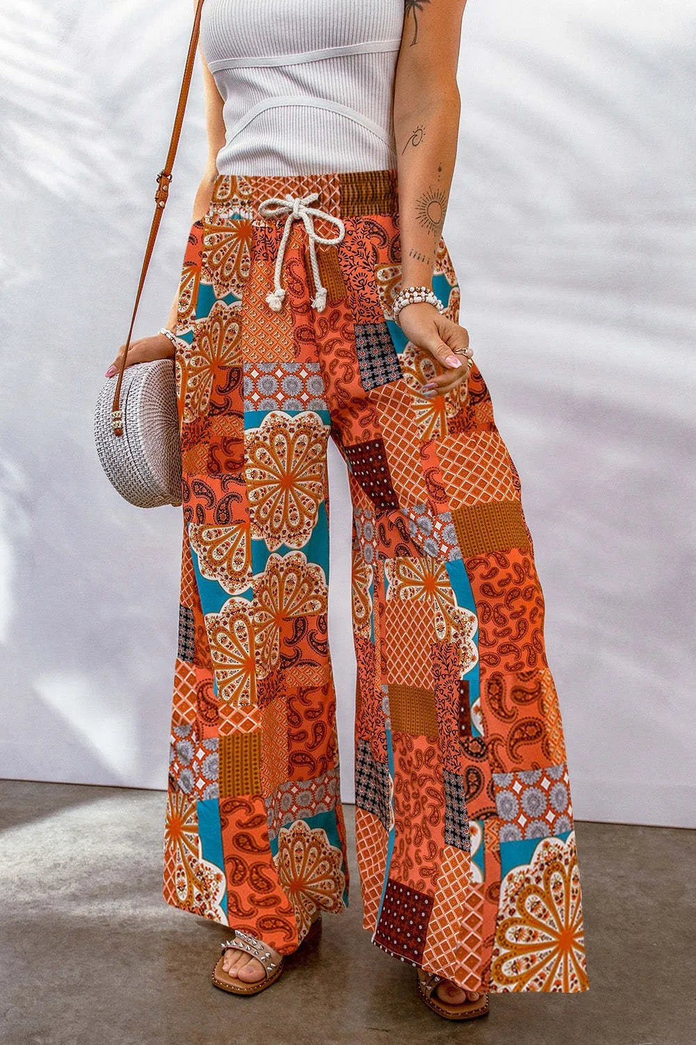 Full Size Drawstring Printed Wide Leg Pants - Roe Creation